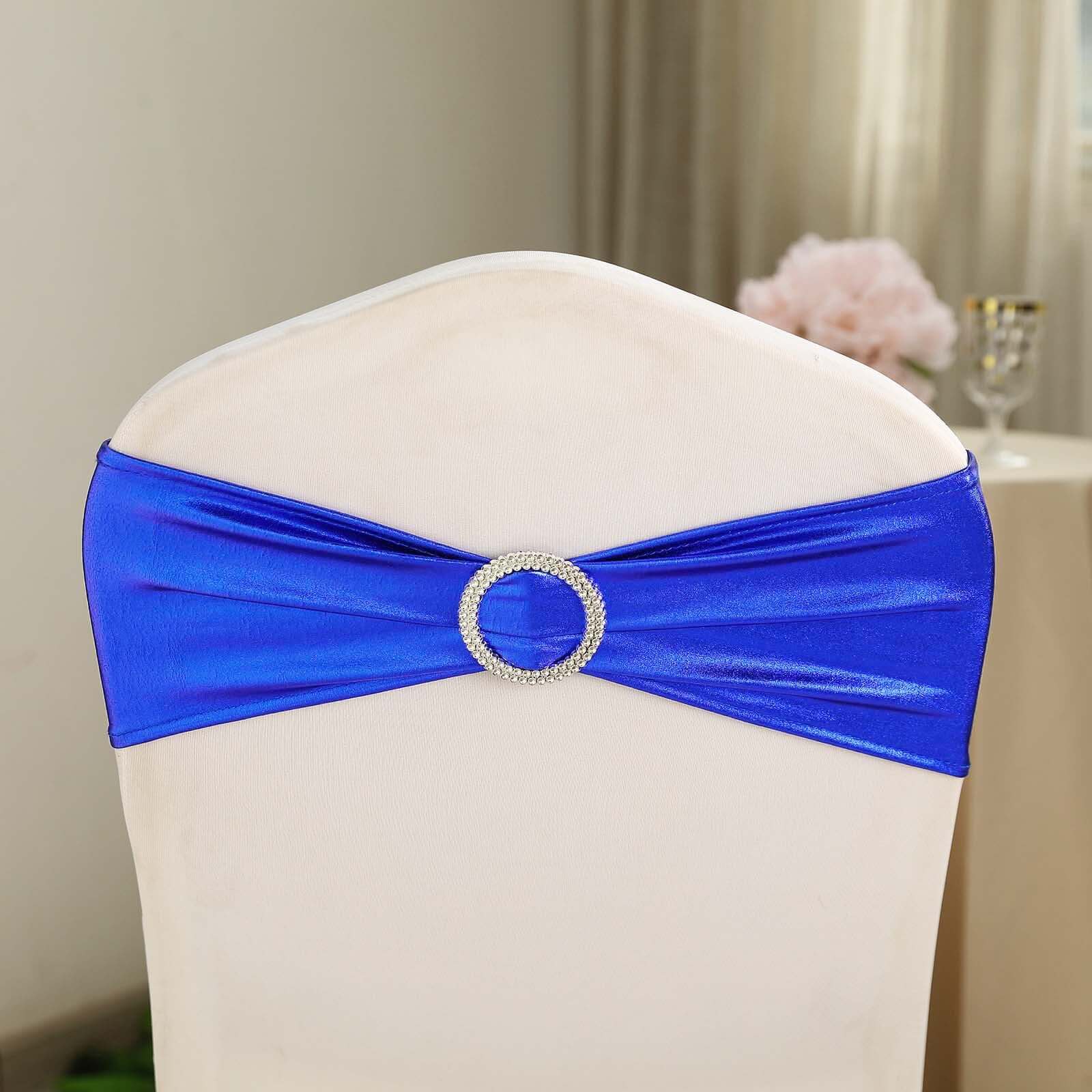 5 Pack Metallic Spandex Chair Sashes Royal Blue - Stretch Fit Chair Bands With Round Diamond Buckles