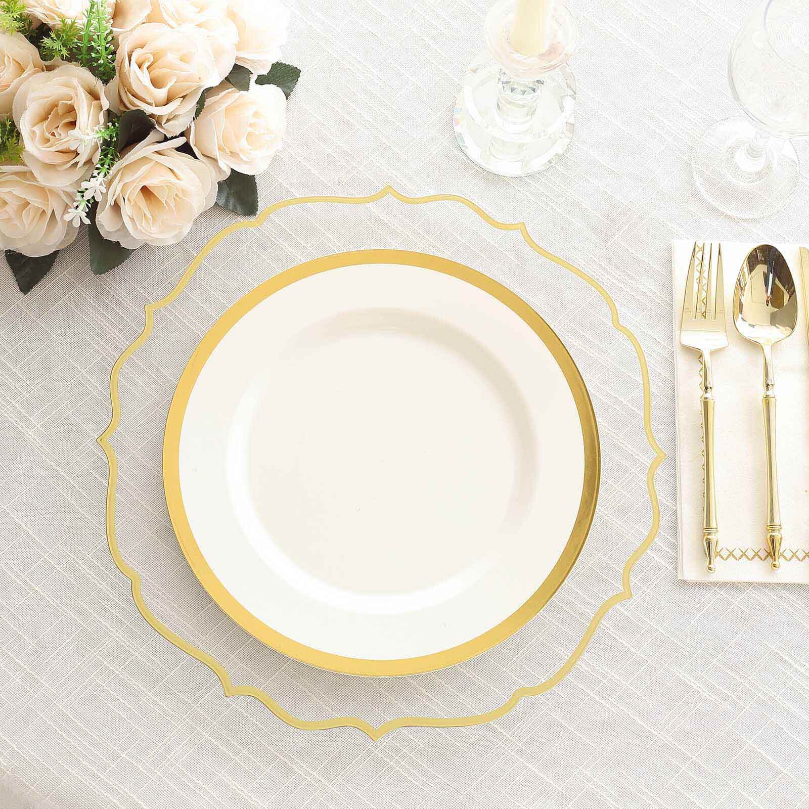 10-Pack Economy Plastic Round Charger Plates 13 in Clear with Gold Scalloped Rim, Decorative Dinner Party Serving Plates