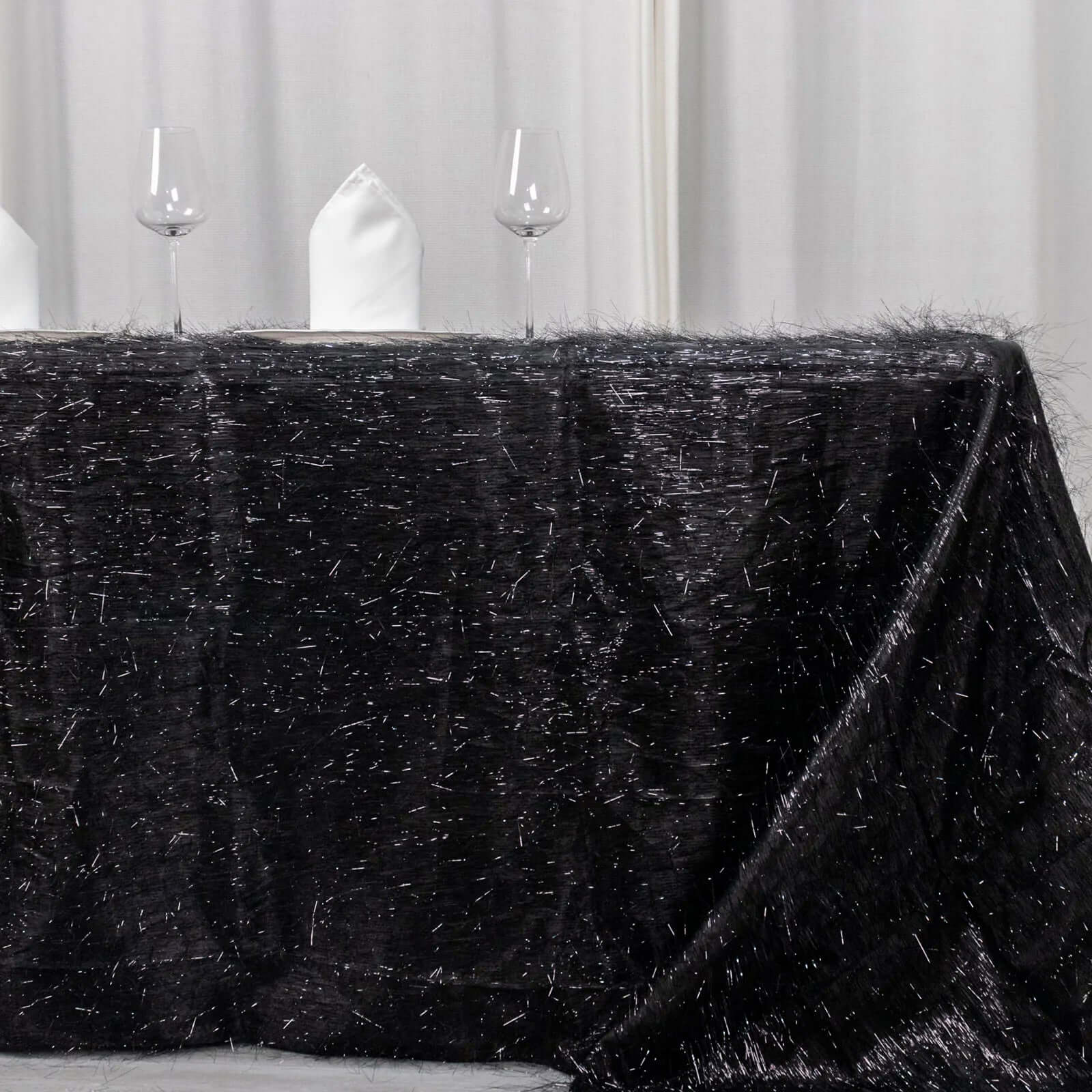 Polyester 90x156 Rectangle Tablecloth Black Metallic Fringe Shag Tinsel Table Cover