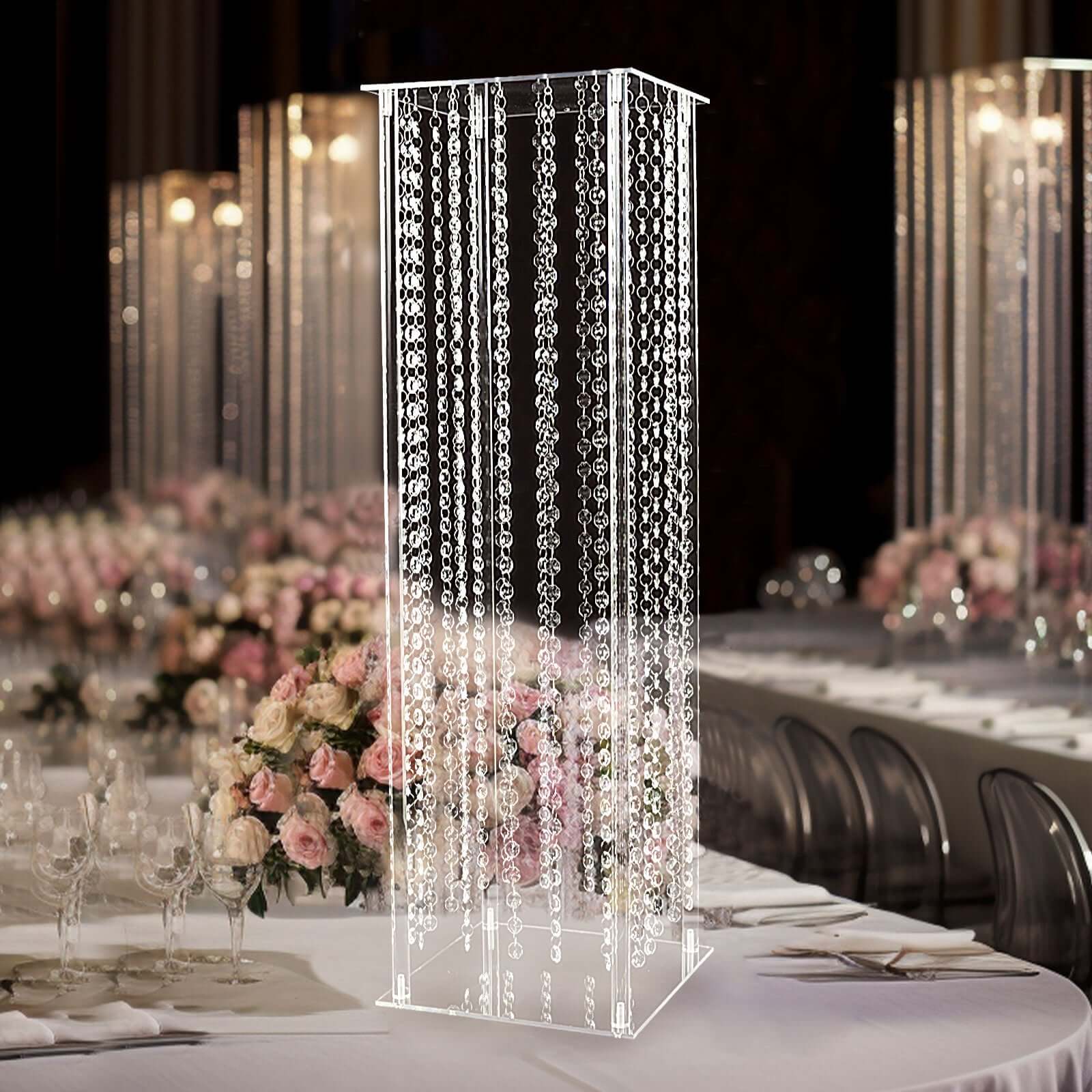 Acrylic Flower Pedestal Vase Pillar Stand with Crystal Beads Clear - Decorative Wedding Floor Centerpiece 32