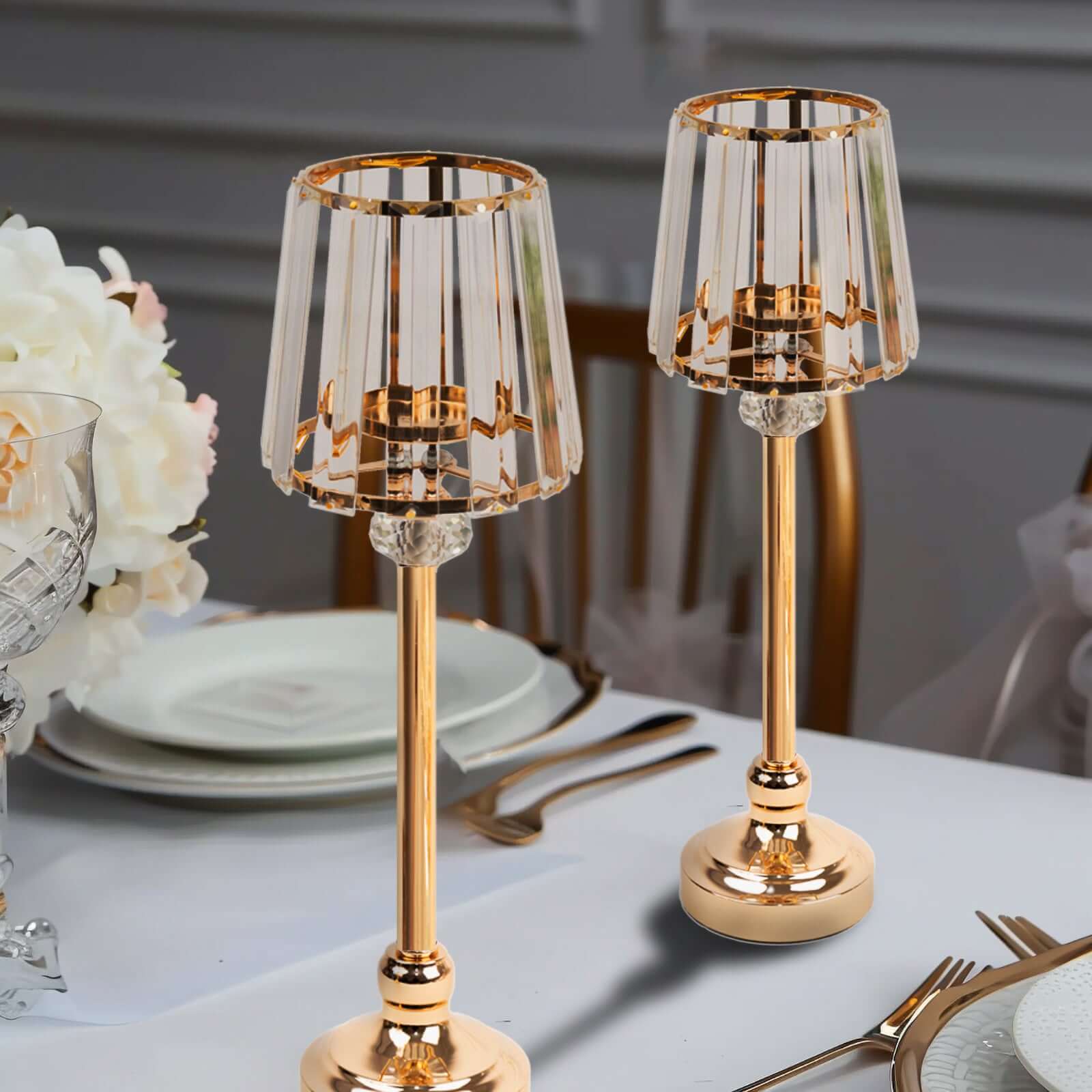 2-Pack 15 Crystal Pendant Candle Holders - Classic Empire Lamp Shade Style in Gold, Votive Candle Stand For Table Centerpieces