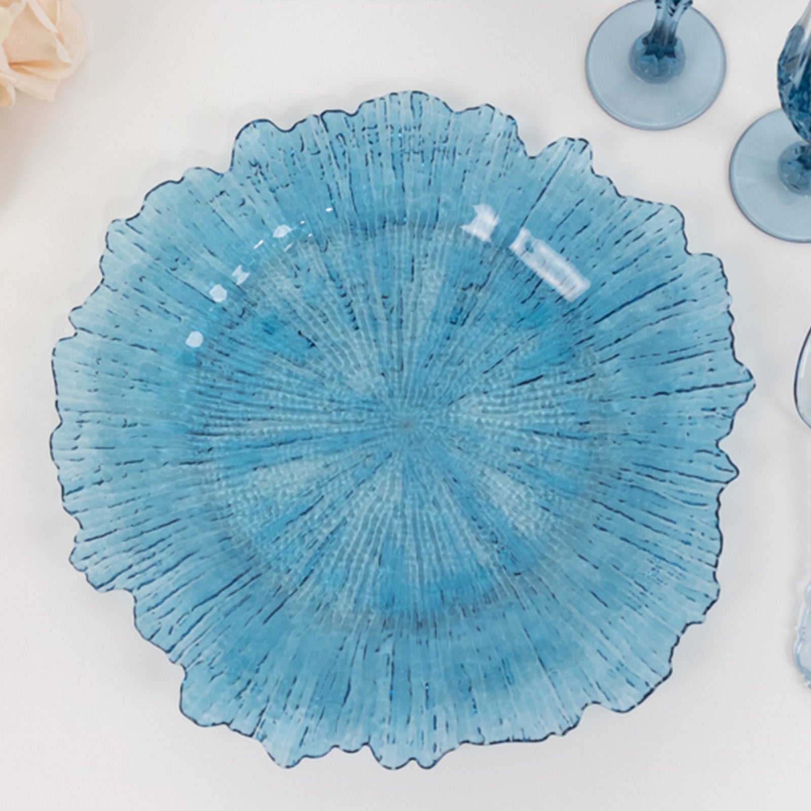 6-Pack Acrylic Plastic Round Charger Plates 13 in Transparent Dusty Blue with Reef Design, Dinner Charger Tableware