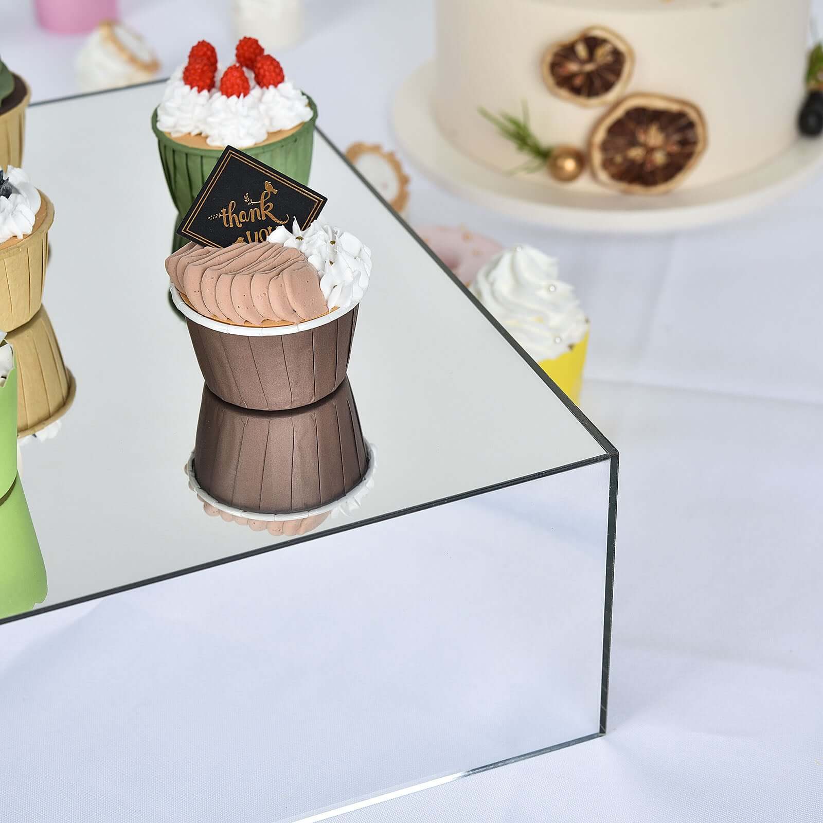 Acrylic Cake Box Stand Pedestal Riser Mirror Finish Silver - Display for Desserts and Events 14x14