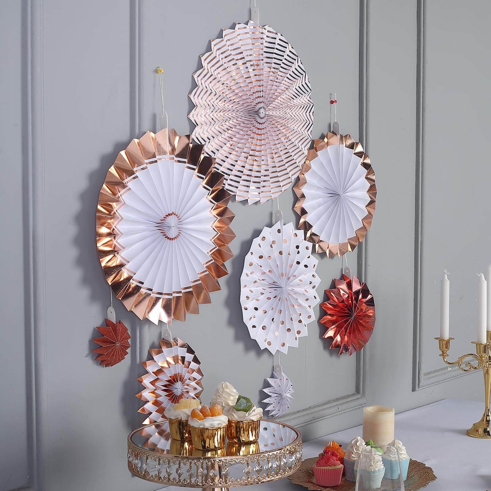 Set of 8 Gold Rose Gold Hanging Paper Fan Decorations, Pinwheel Wall Backdrop Party Kit - 4, 8, 12