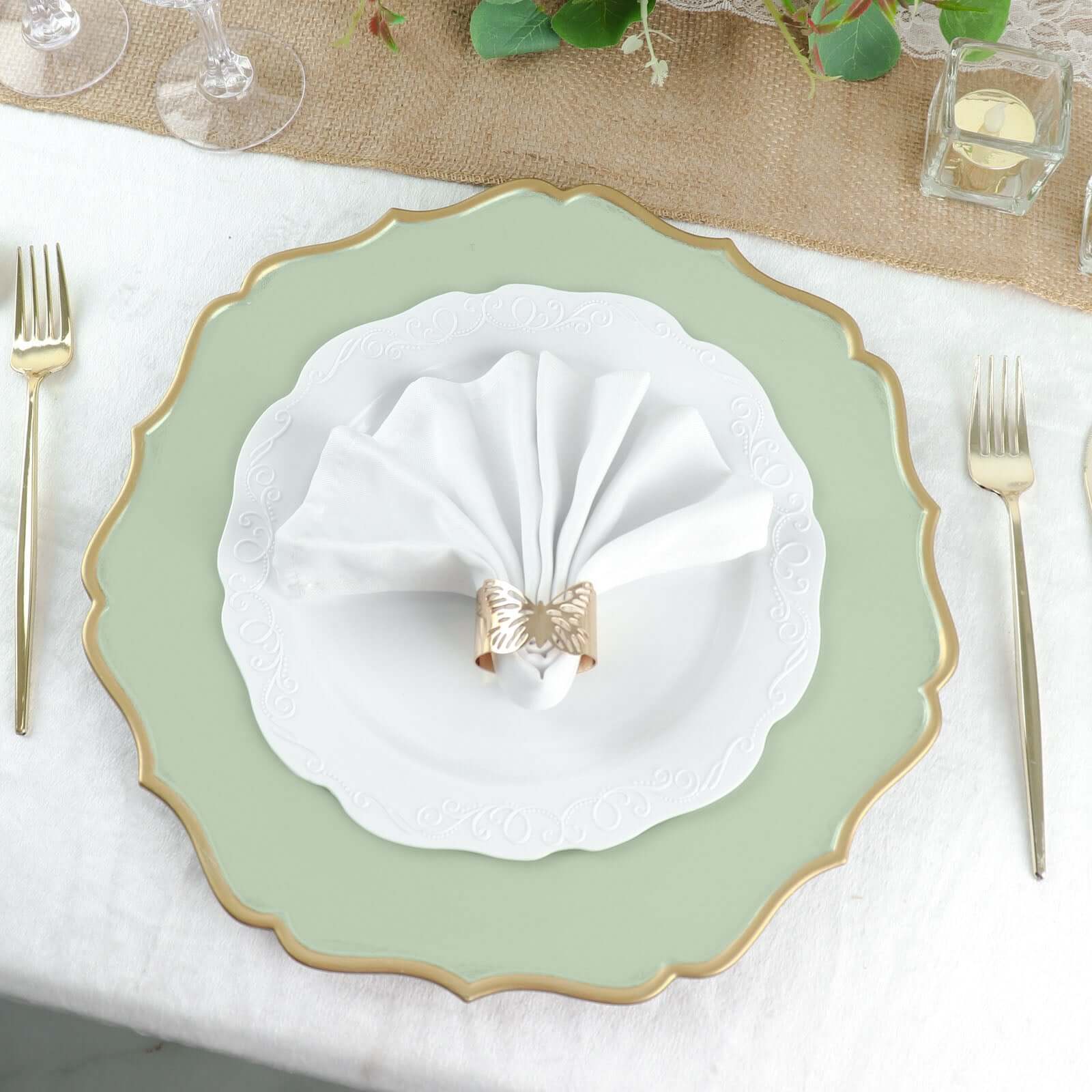 6-Pack Acrylic Round Charger Plates 13 in Sage Sage Green with Gold Scalloped Rim, Decorative Dinner Party Plastic Charger Tableware