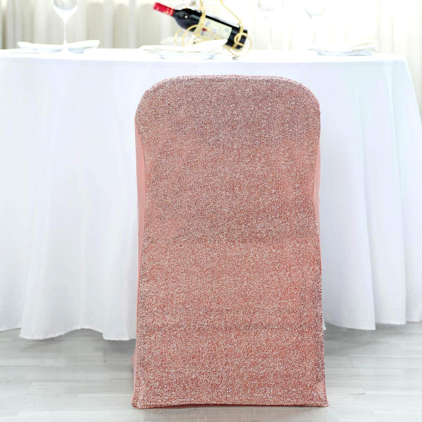 Stretch Spandex Chair Cover Rose Gold for Folding Chairs - Metallic Shimmer Tinsel Back Design Fitted Slipcover