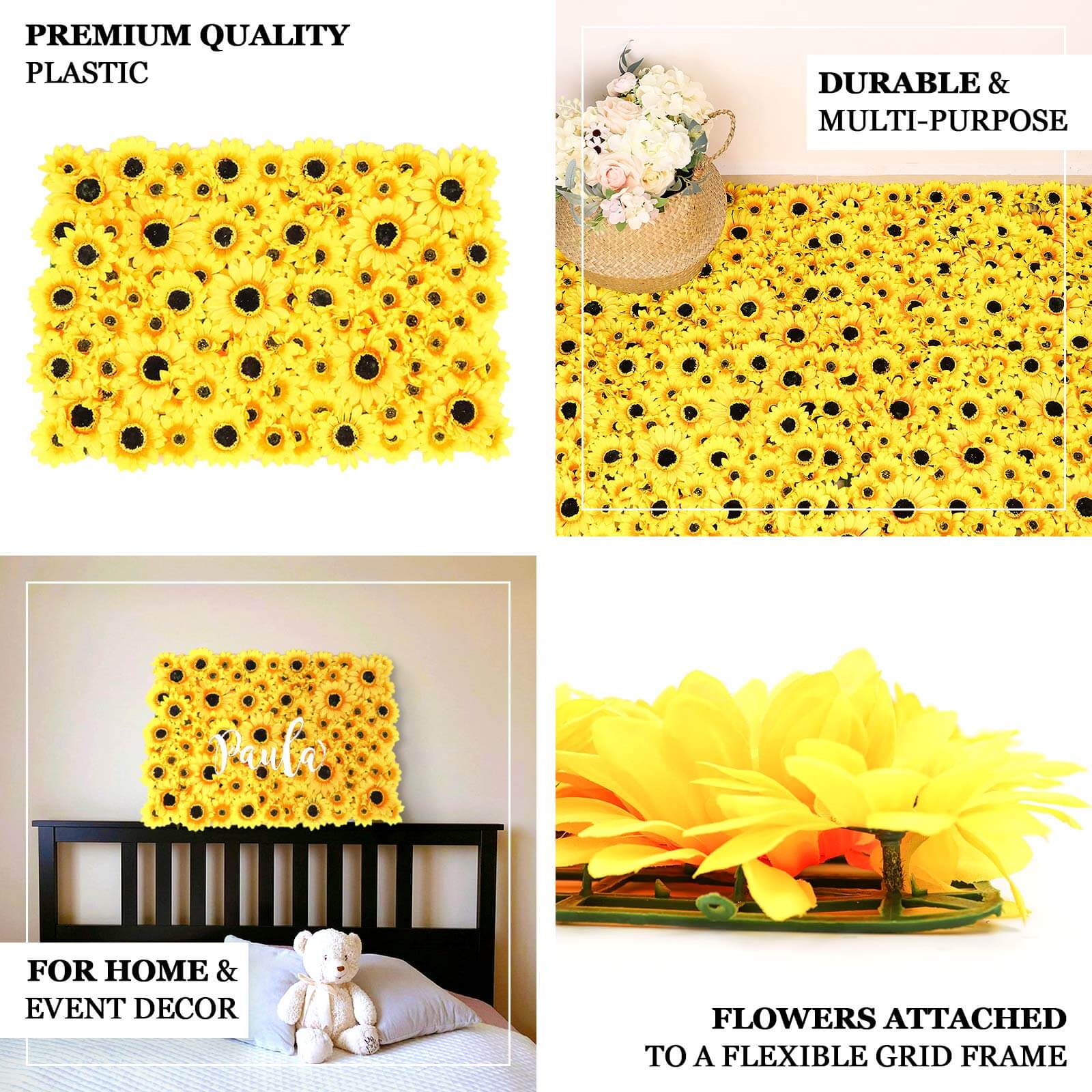 11 Sq ft. Artificial Sunflower Wall Mat Backdrop, Flower Wall Decor, Indoor Outdoor UV Protected - 4 Artificial Panels