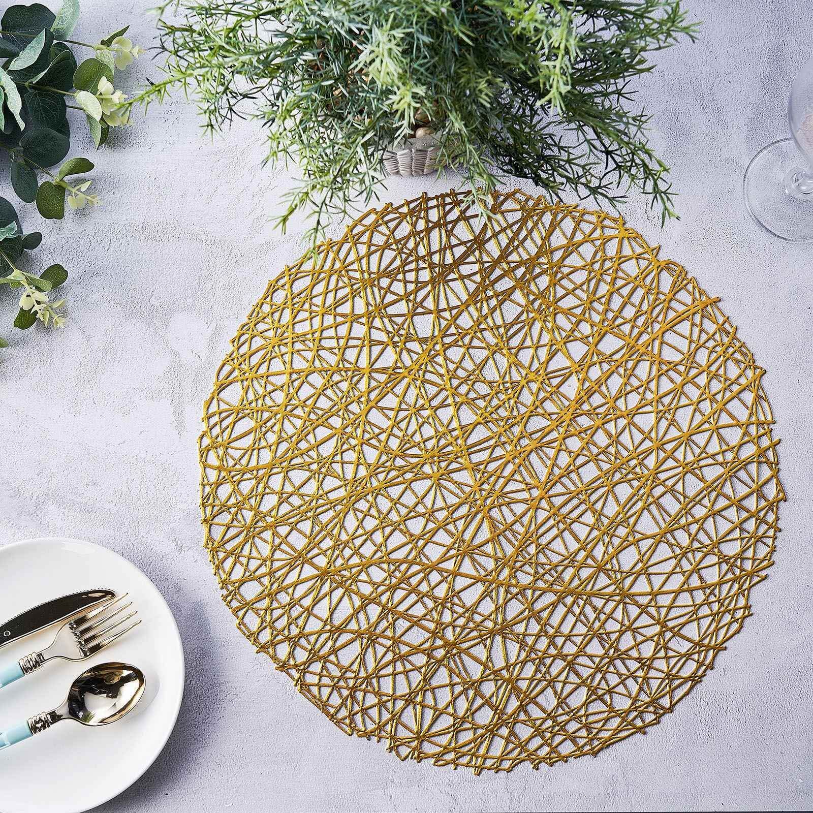 6-Pack Vinyl Placemats Gold Woven Design - Durable Non-Slip Round Table Mats for Dining 15