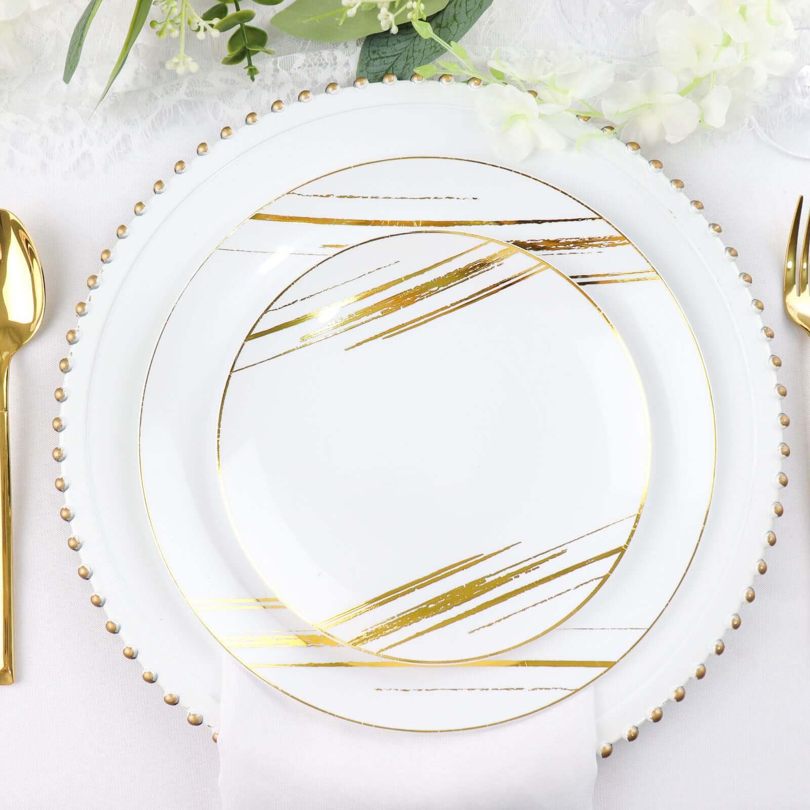 10-Pack Plastic 7 Round Dessert Plates in White with Gold Brush Stroked Print - Disposable Appetizer Salad Plates