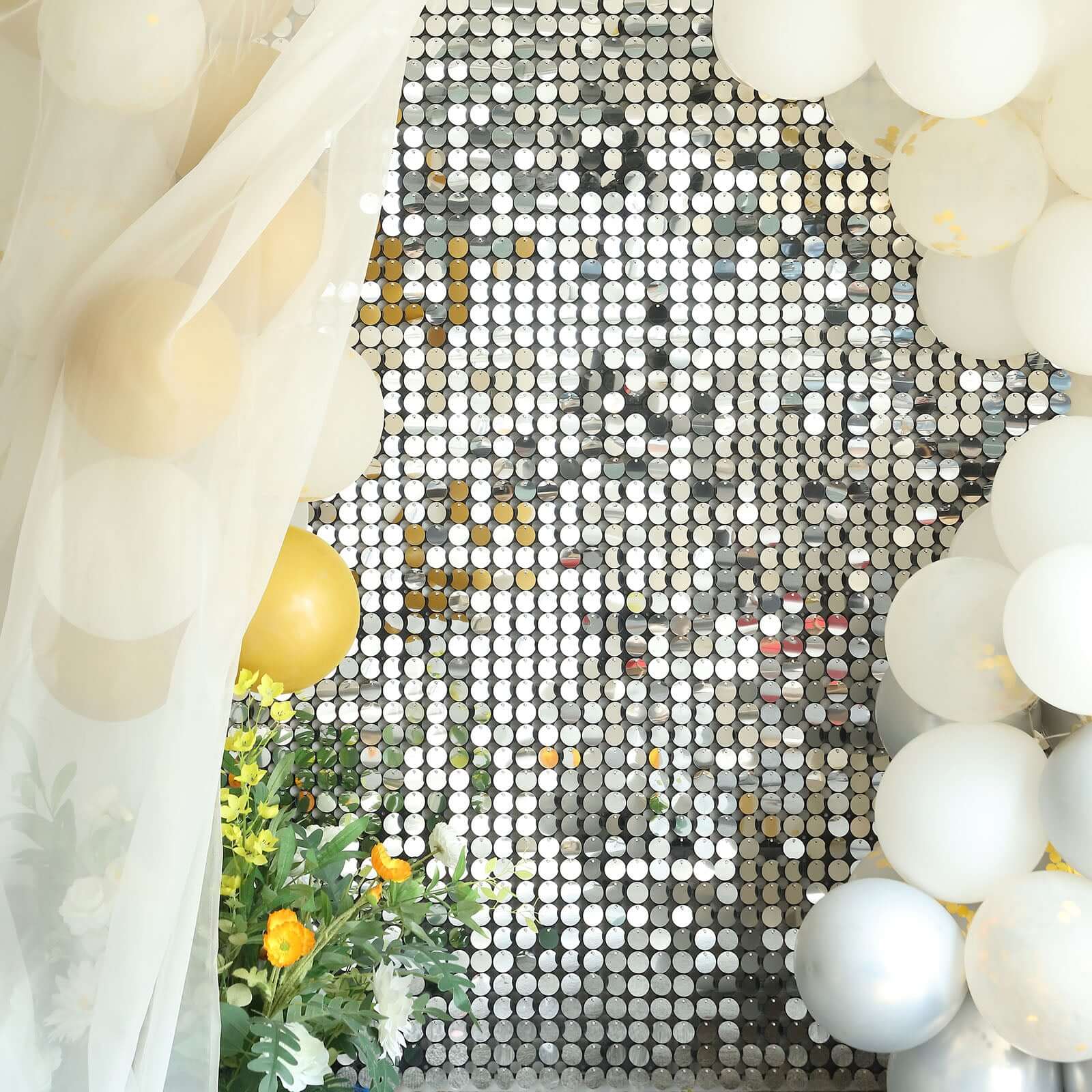 10sq.ft Shiny Silver Round Sequin Shimmer Wall Party Photo Backdrop, Active Spangle Wall Art Décor Panels - 10 Panels