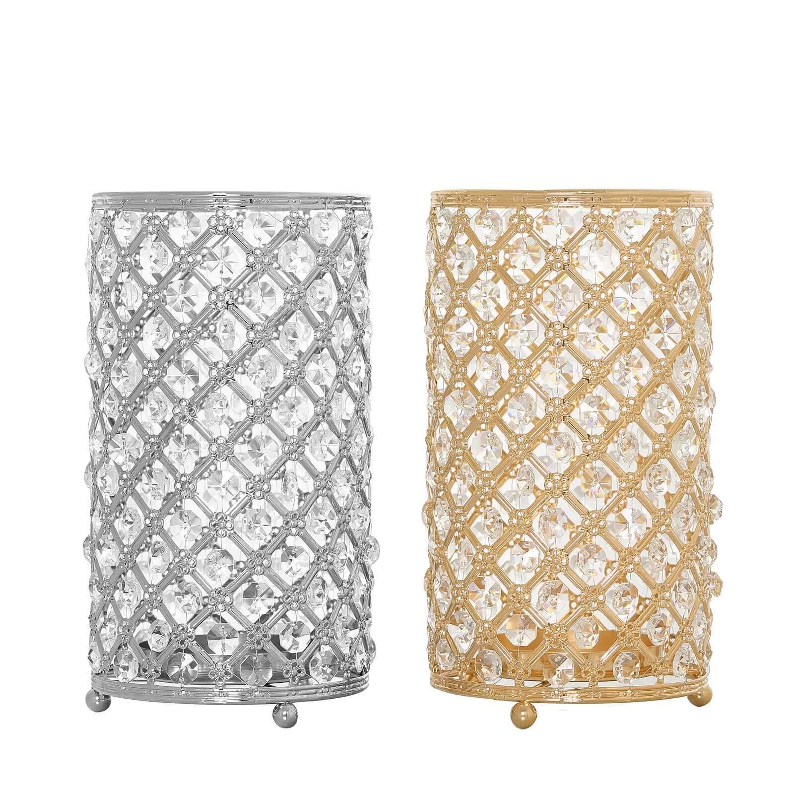 2-Pack Metal Crystal Beaded Pillar Holders Gold - Versatile Stem Vase Set for Decor 9