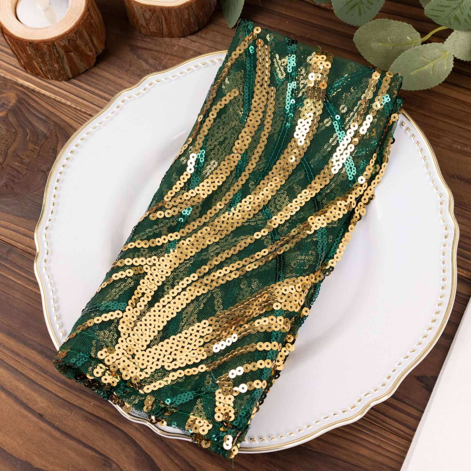 Sequin Mesh 20x20 Napkin Hunter Emerald Green Gold - Wave Embroidered Reusable Napkin