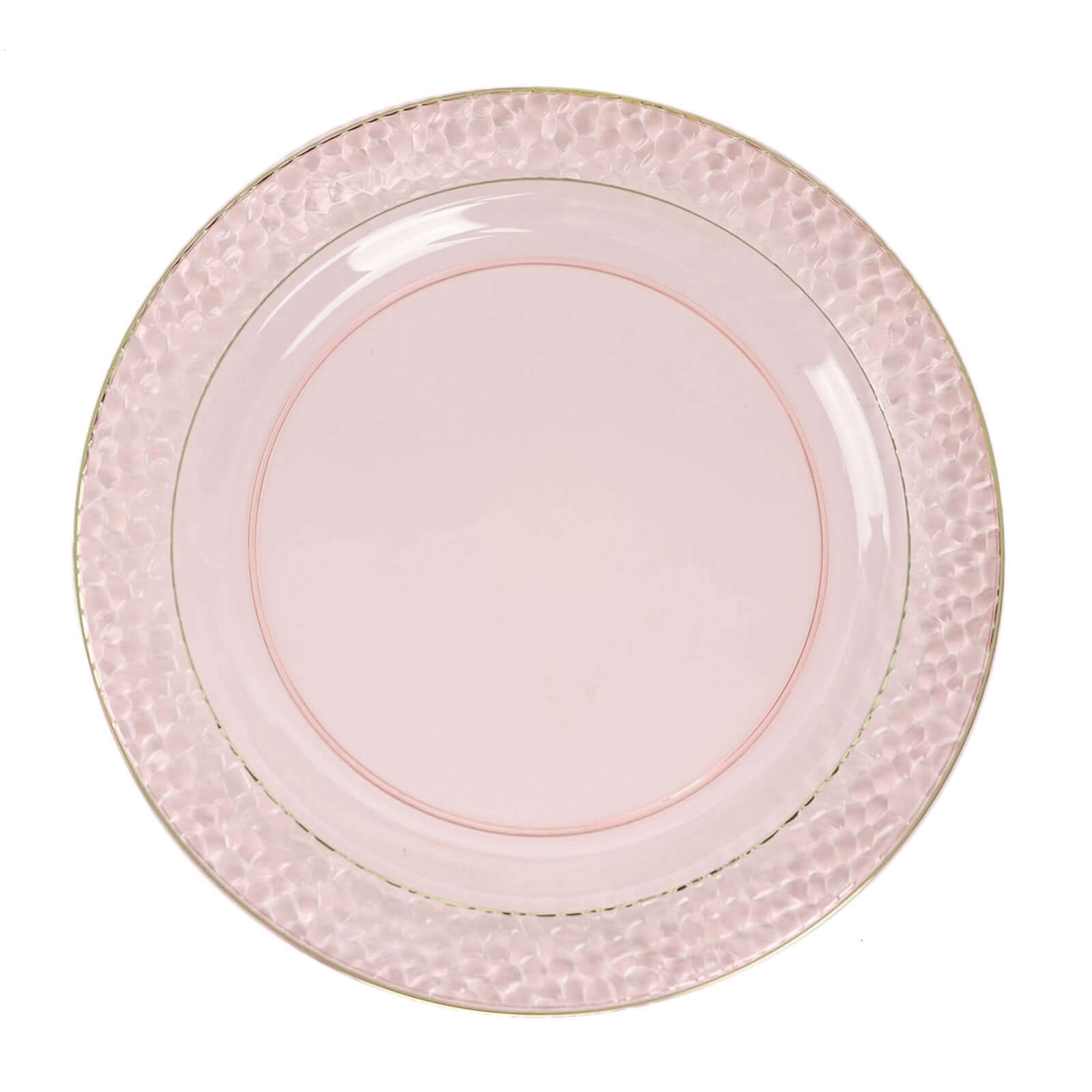 10-Pack Plastic 10 Round Dinner Plates in Blush Hammered Design with Gold Rim - Disposable Party Plates for Chic Banquets & Special Occasions