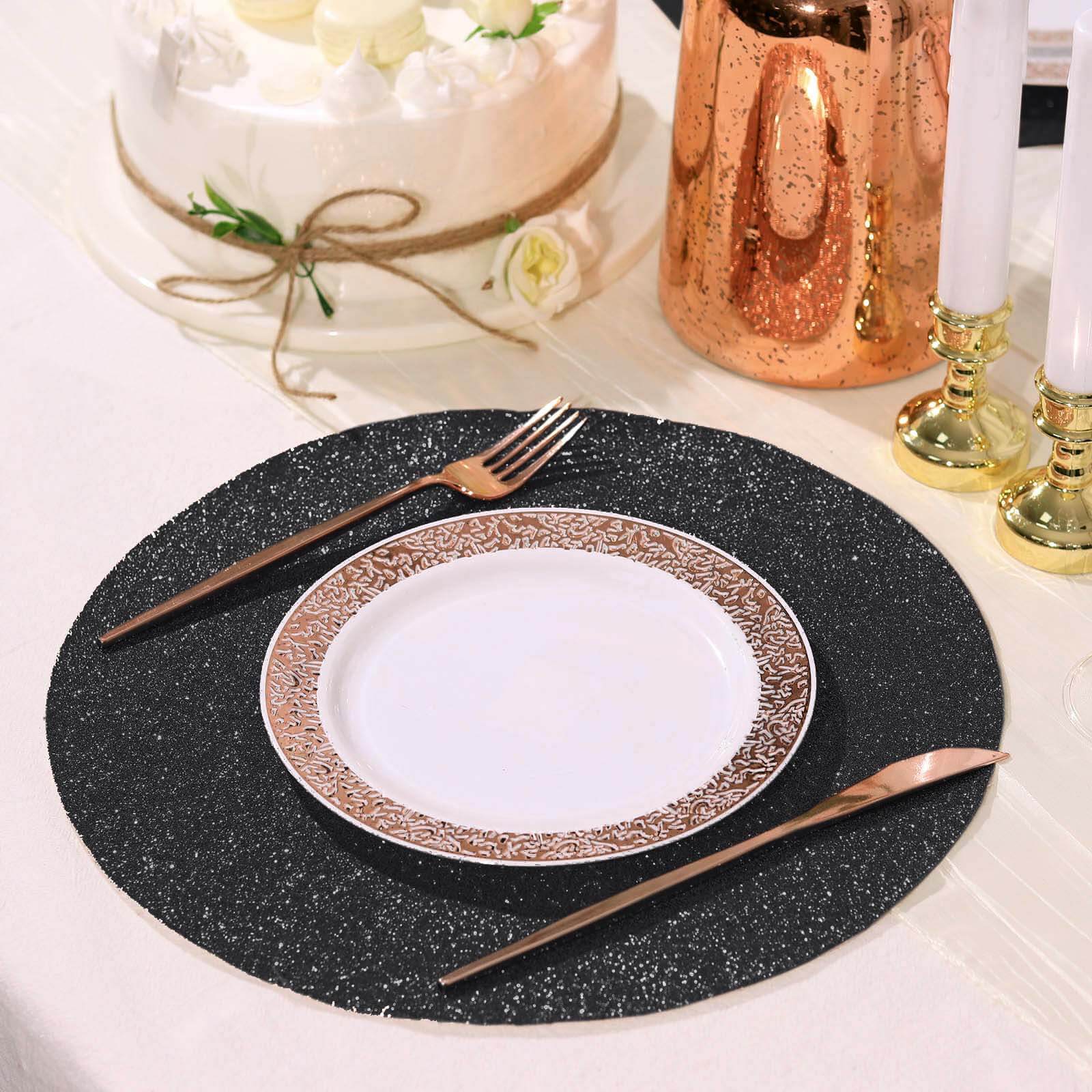 6-Pack Placemats Glitter Design Black Sparkle Round - Non-Slip Decorative Dining Table Mats 13