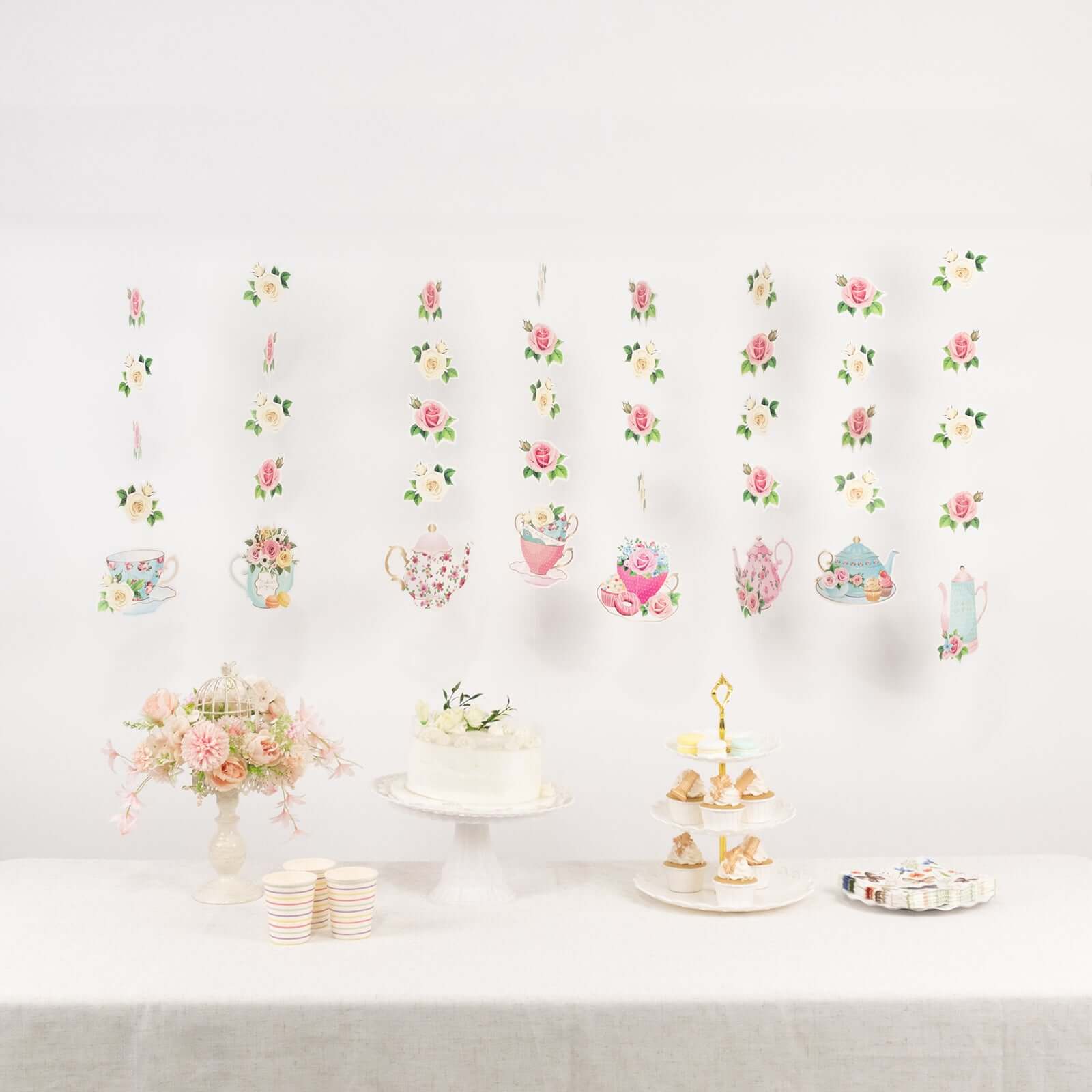 8 Pack Double Sided Floral Tea Party Paper Garland, 40 Pre-Assembled Mixed Teapot Banner Hanging Decorations