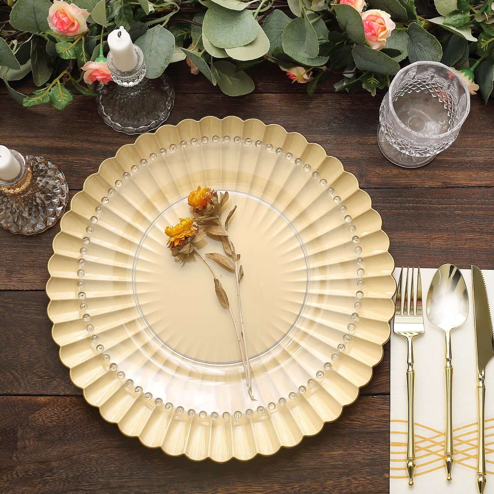 6-Pack Plastic Round Charger Plates 13 in Gold with Scalloped Shell Pattern, Coastal Inspired Disposable Charger Tableware