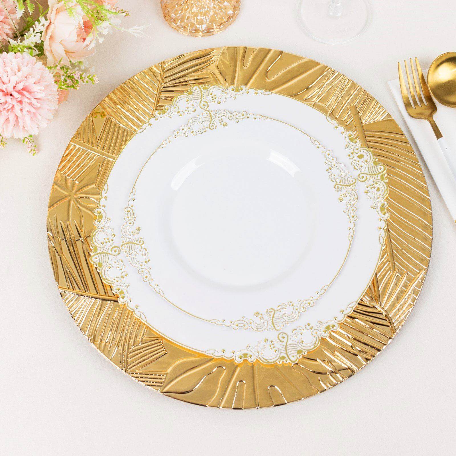 6-Pack Acrylic Round Charger Plates 13 in Metallic Gold with Embossed Tropical Leaves, Decorative Dinner Charger Tableware