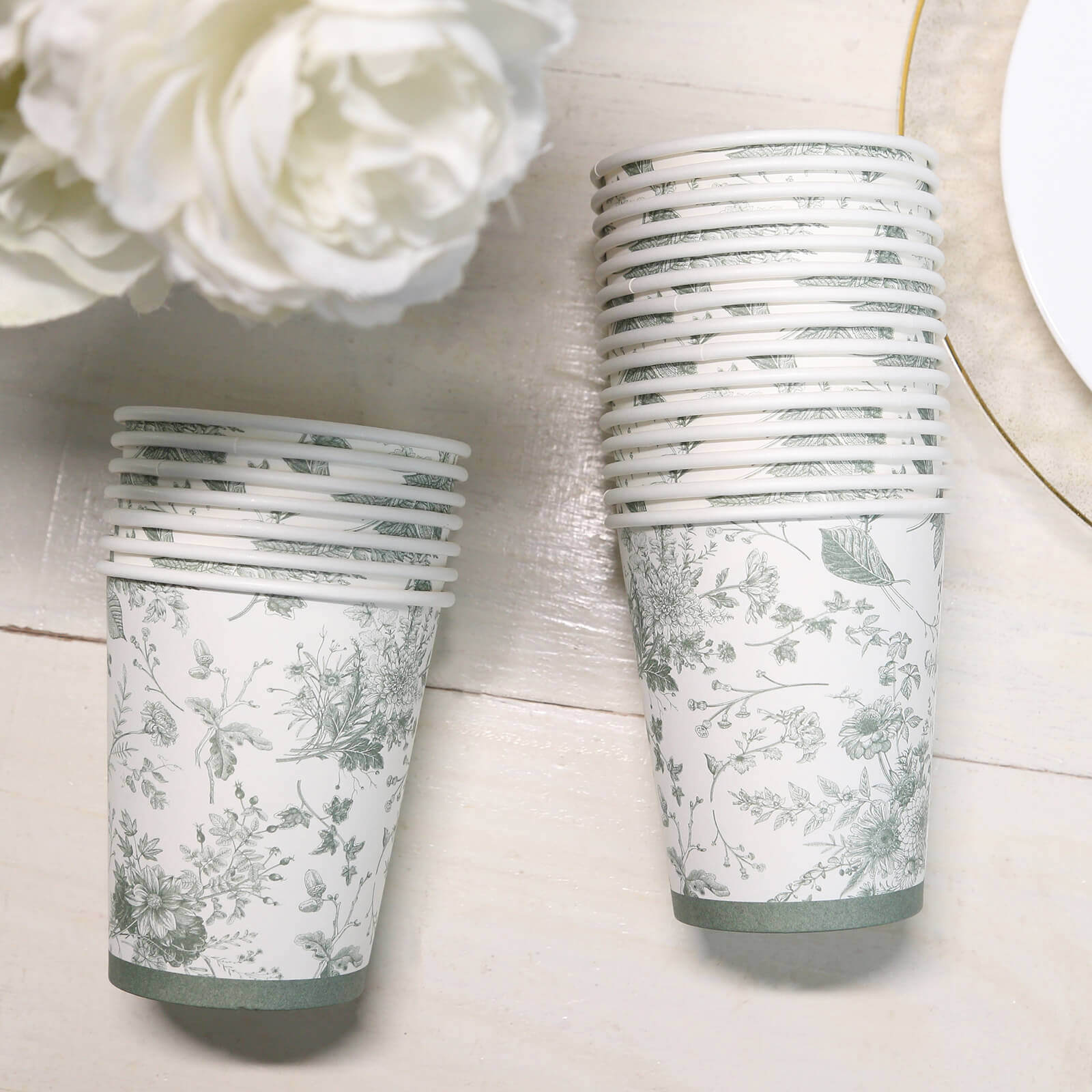 24-Pack Paper Cups White with Sage Green French Toile Print - Stylish Disposable Floral Party Cups for Hot & Cold Beverages 9oz