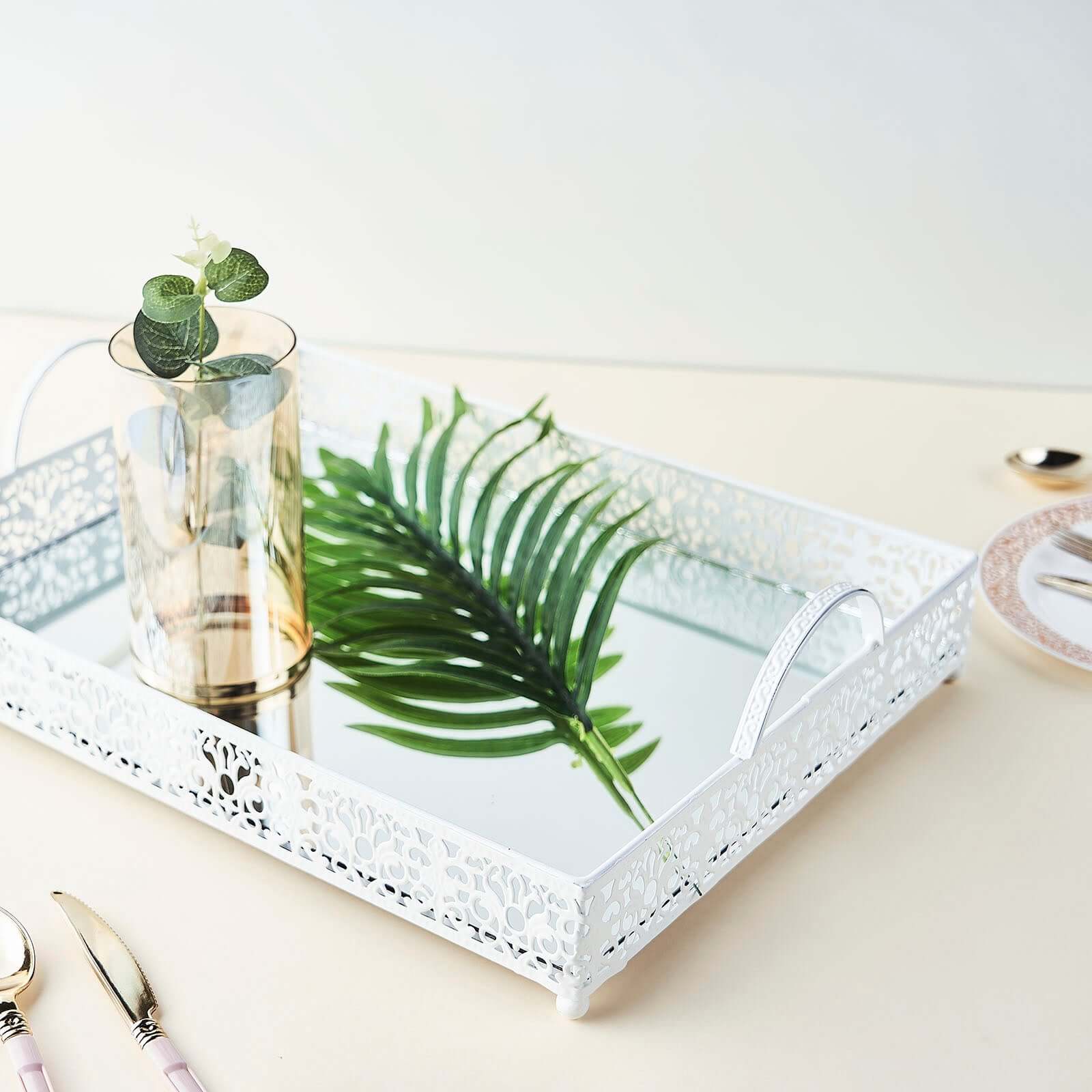 Metal Mirrored Rectangle Serving Tray 16x12 in White Fleur De Lis Design with Handles, French Inspired Decorative Vanity Tray Centerpiece