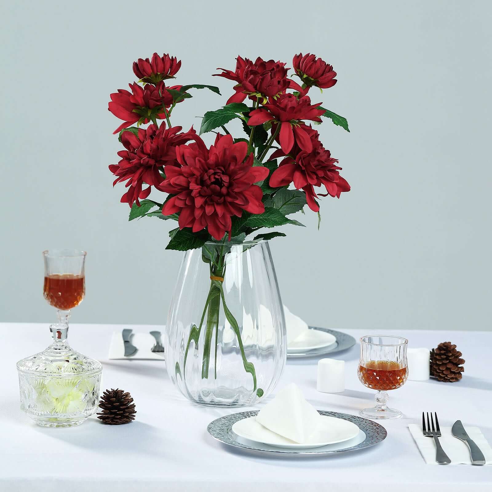 30 Tall Burgundy Artificial Dahlia Silk Flower Stems, Faux Floral Spray
