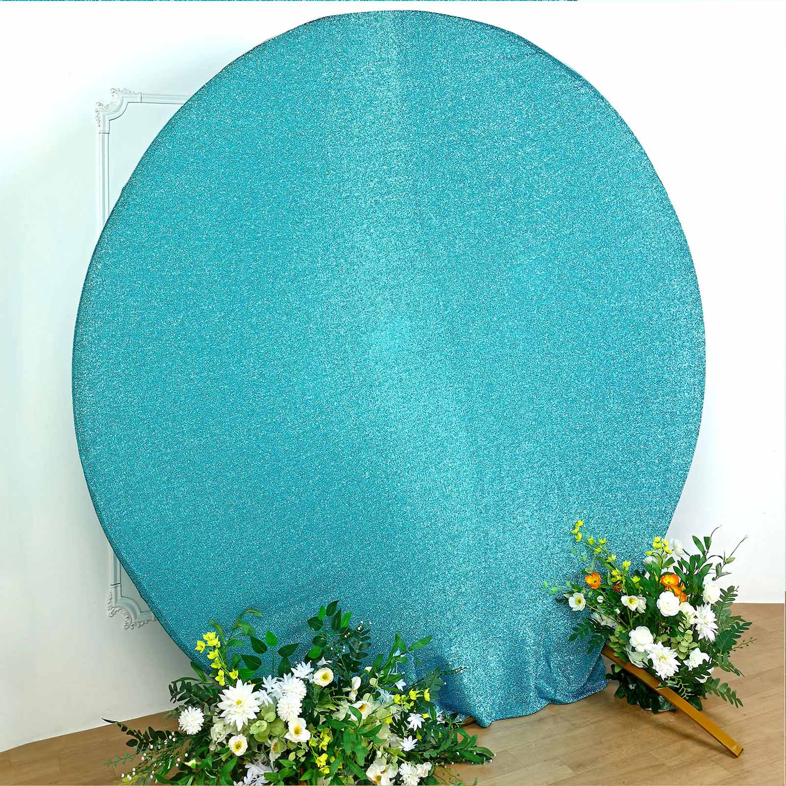 7.5ft Turquoise Metallic Shimmer Tinsel Spandex Round Wedding Arch Cover, 2-Sided Photo Backdrop