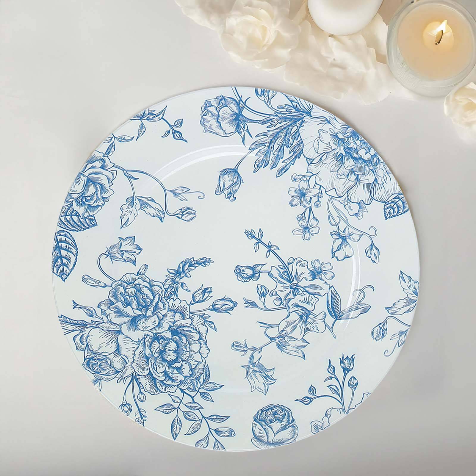 6-Pack Acrylic Round Charger Plates 13 in White with Light Blue Floral French Toile Pattern, Decorative Dinner Party Charger Tableware