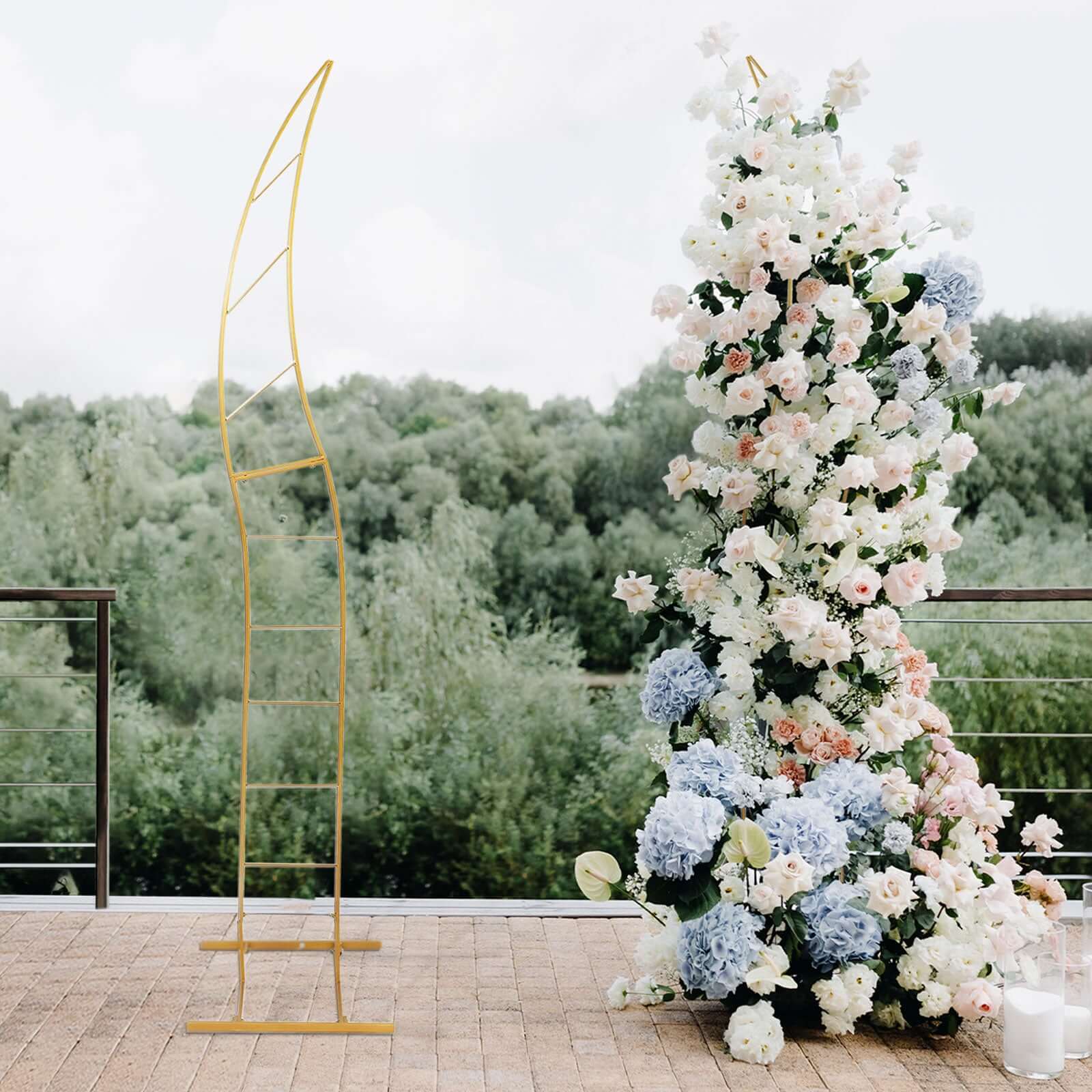 8ft Gold Metal Curved Flower Frame Balloon Arch Stand, Collapsible Wedding Aisle Photo Backdrop With Solid Rectangular Base