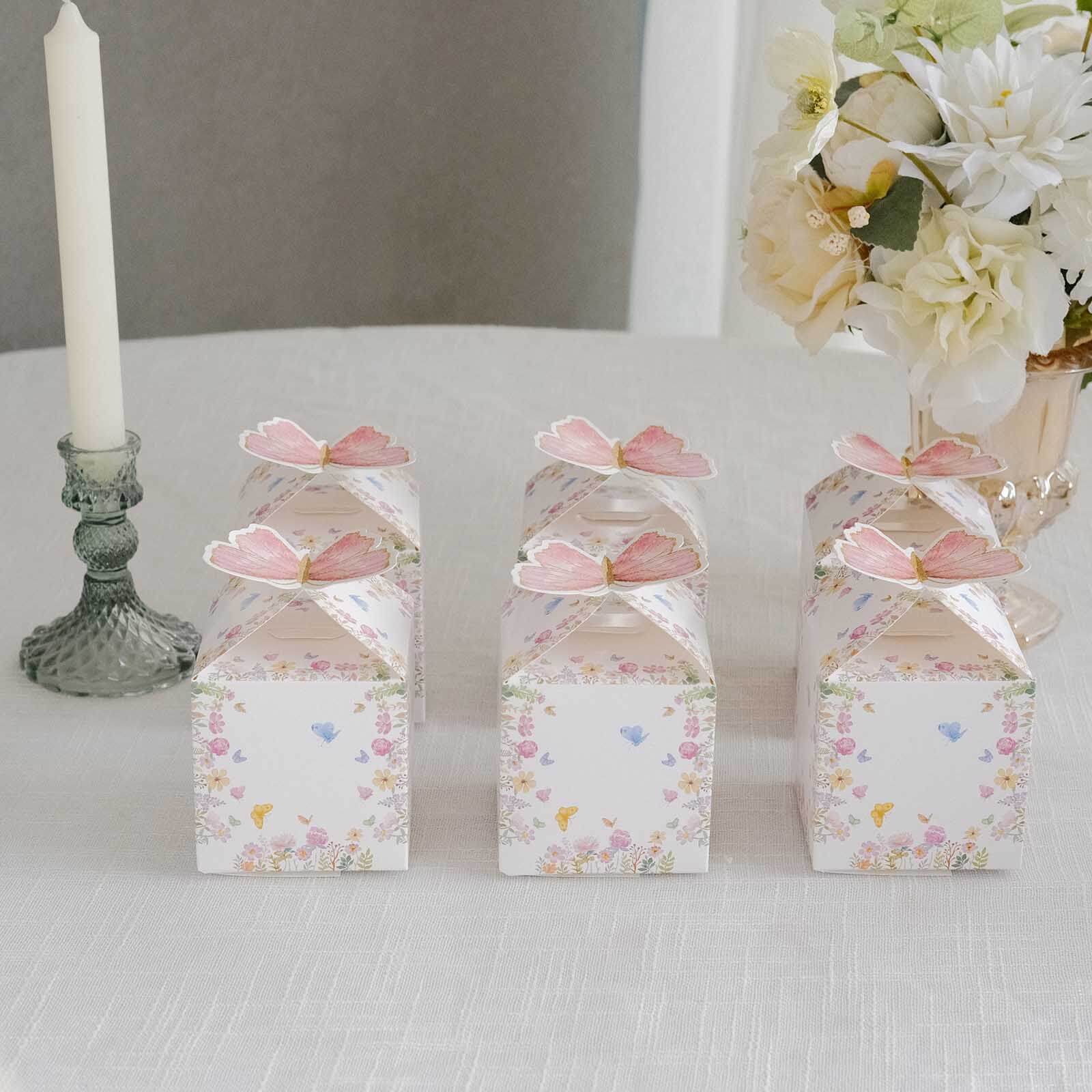 25 Pack White Pink Glitter Butterfly Top Candy Gift Boxes, 3x4 Spring Floral Party Favor Boxes