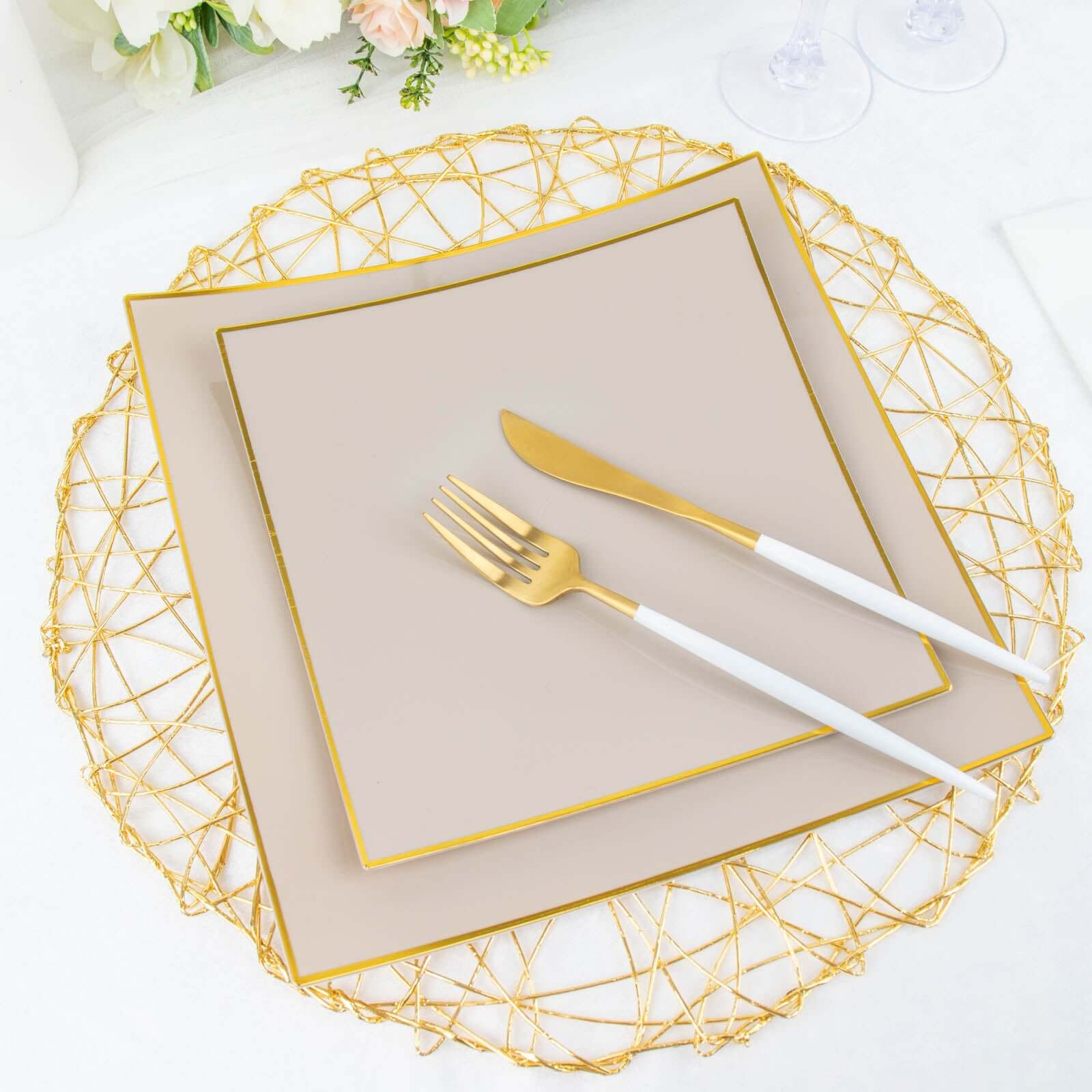 10-Pack Plastic 8 Square Dessert Plates in Taupe Concave Style with Gold Rim - Modern Disposable Salad Appetizer Party Plates