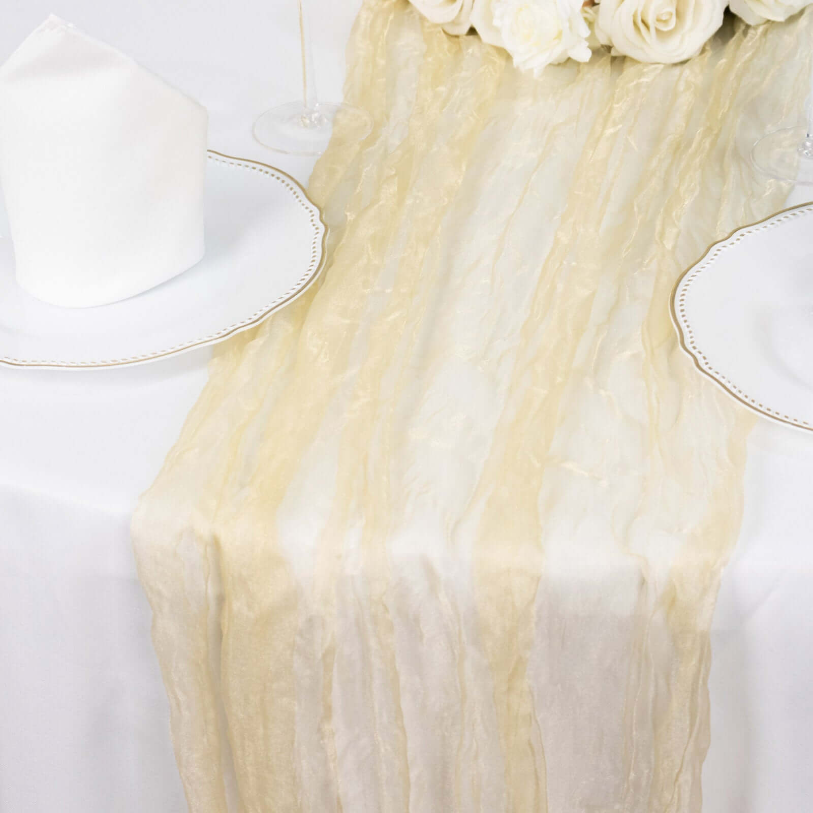 Sheer Crinkled Organza 9ft Table Runner Champagne - Rustic Chiffon Look