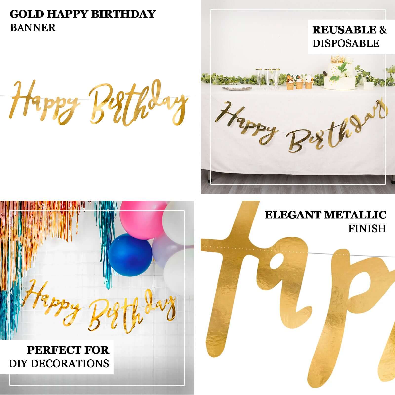 10ft Pre-Strung Metallic Gold Foil Happy Birthday Banner, Party Photo Backdrop Hanging Garland - 250 GSM