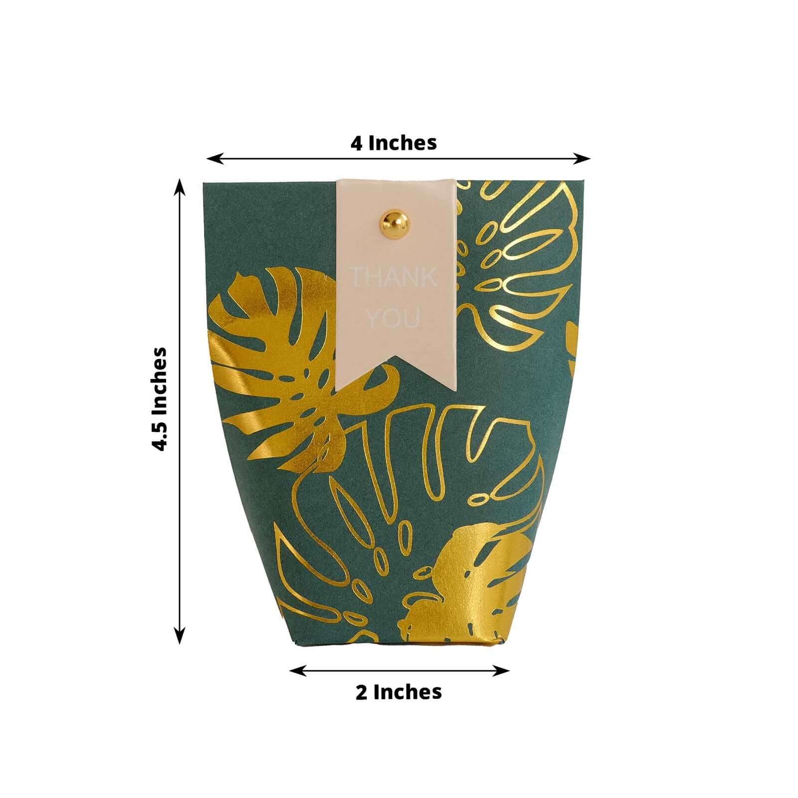 25 Pack Hunter Emerald Green Paper Pouch Candy Gift Bags With Gold Monstera Leaves Print, Party Favor Boxes with Pin and Tags - 4.5x4