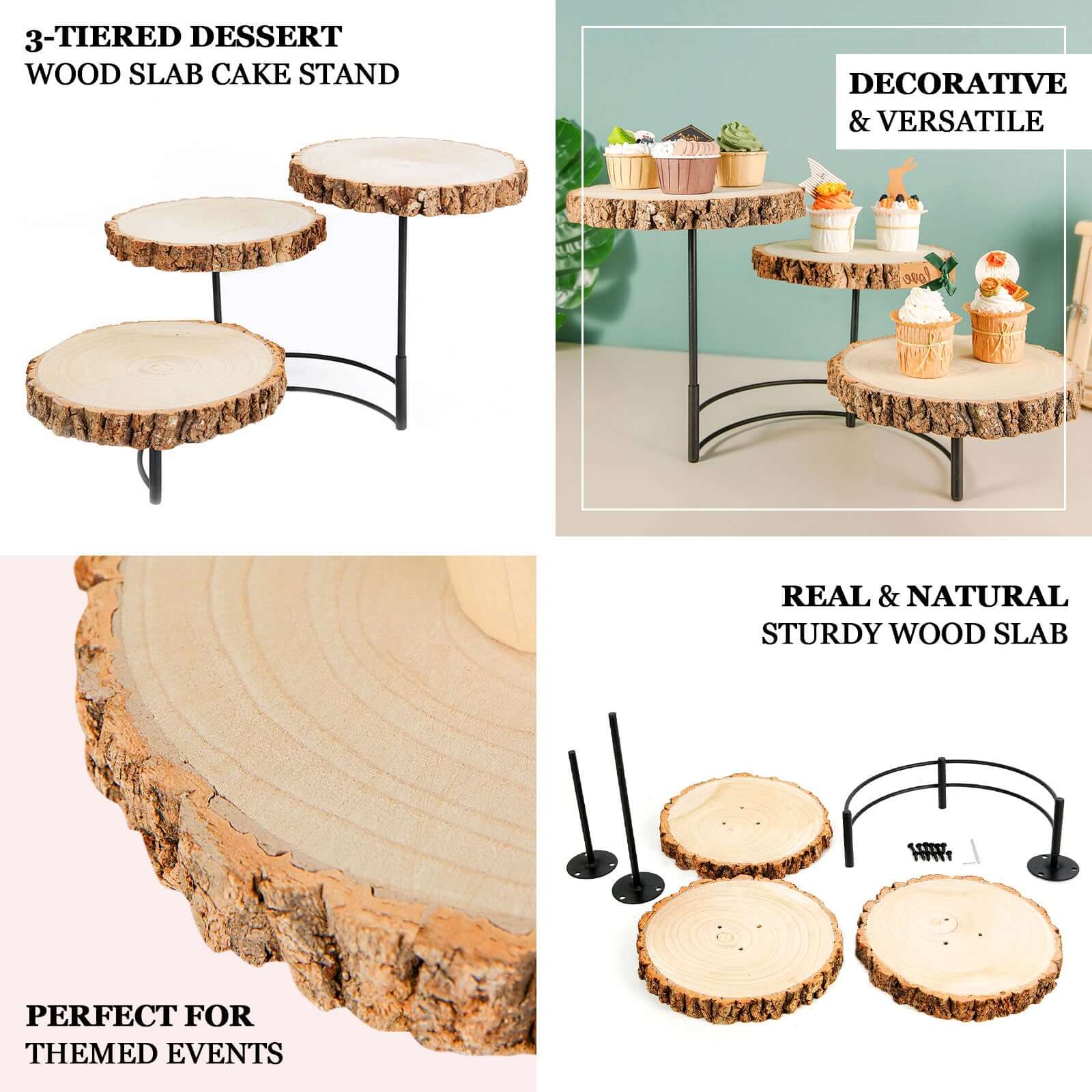 3-Tier Wooden Cheese Board Stand Half Moon Wood Slice Design - Rustic Cupcake Centerpiece 12 Tall