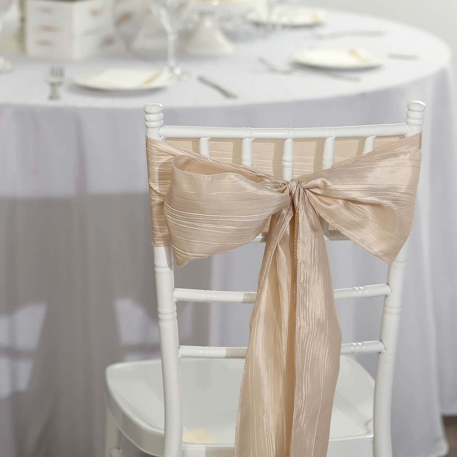 5 Pack Taffeta 6x106 Chair Sashes Beige Accordion Crinkle Texture - Stylish Decor for Weddings & Gatherings