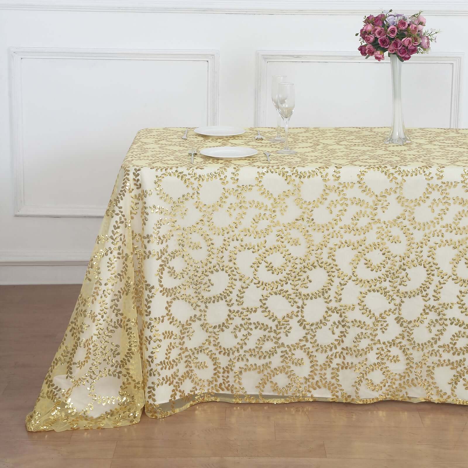 Tulle 90x156 Rectangle Tablecloth Gold - Sequin Leaf Embroidered Design for Luxe Celebrations