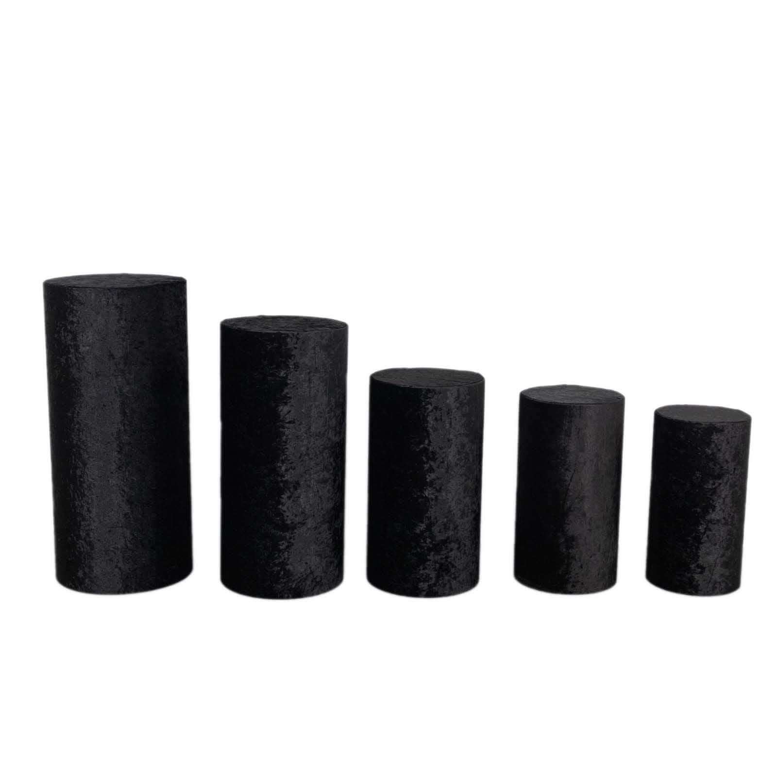 Set of 5 Black Crushed Velvet Cylinder Pedestal Stand Covers, Premium Pillar Prop Covers