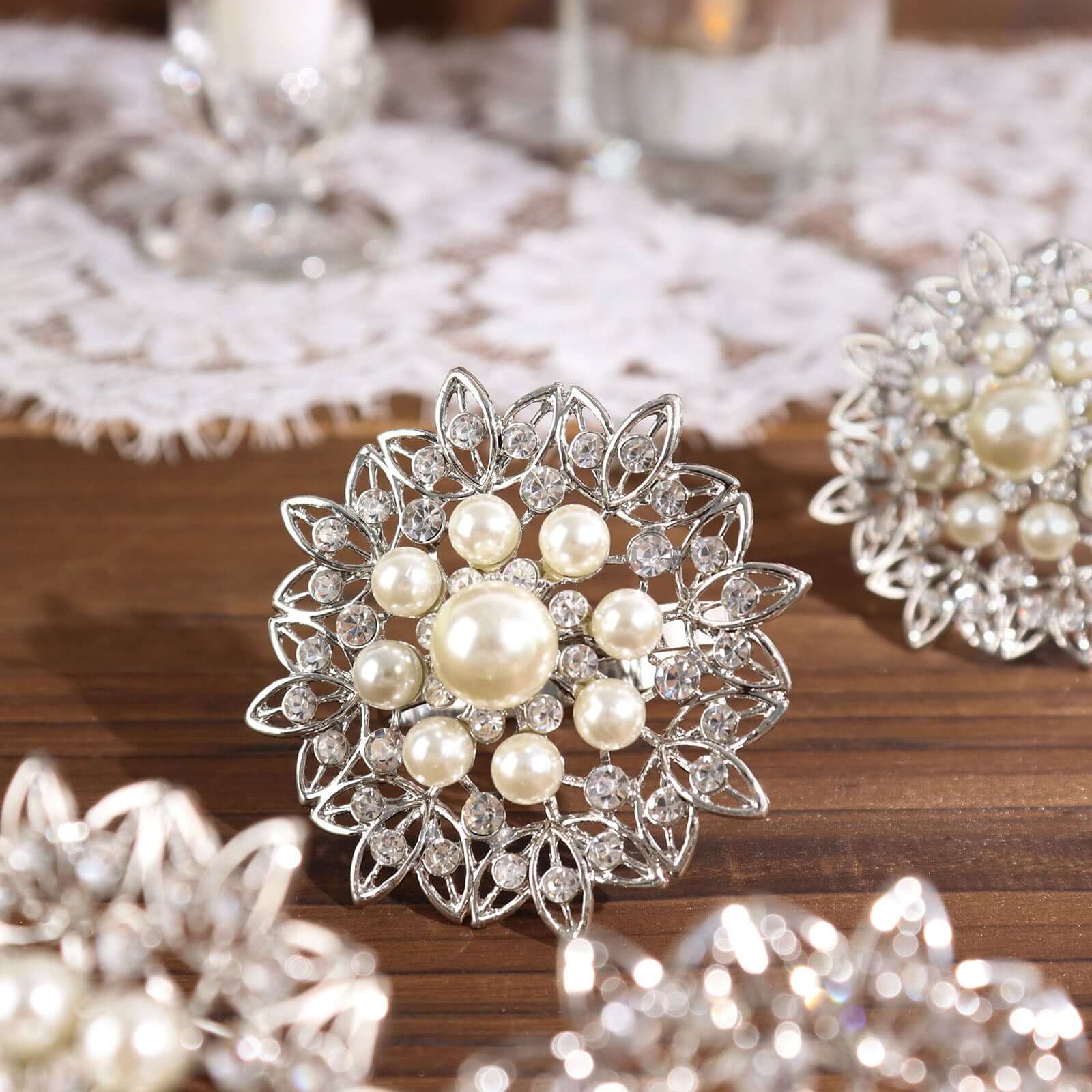 4 Pack Pearl And Diamond Rhinestone Flower Silver Metal Napkin Rings, Decorative Napkin Buckle Holders