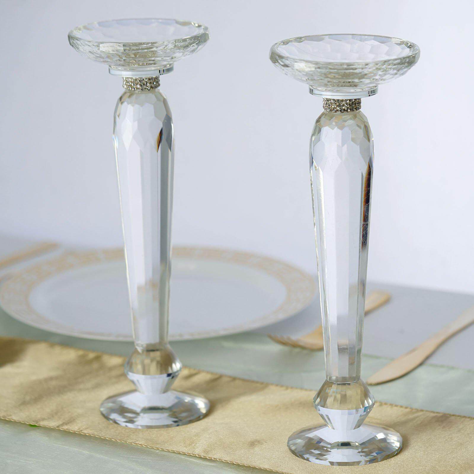 2-Pack Cut Crystal Glass Pillar Candle Holder Stands, Kissing Ball Flower Pedestals 11