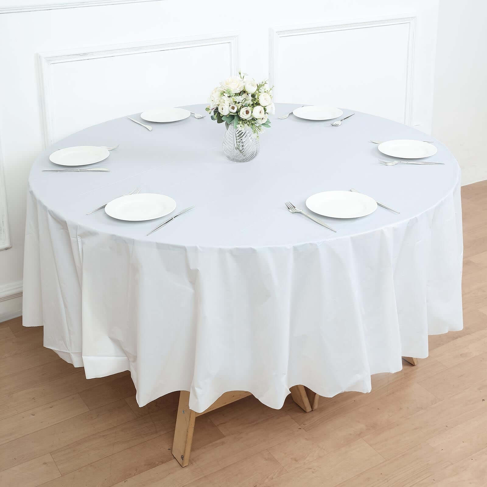 5-Pack Plastic Table Covers White Round - Durable PVC Disposable Tablecloths for Events 84