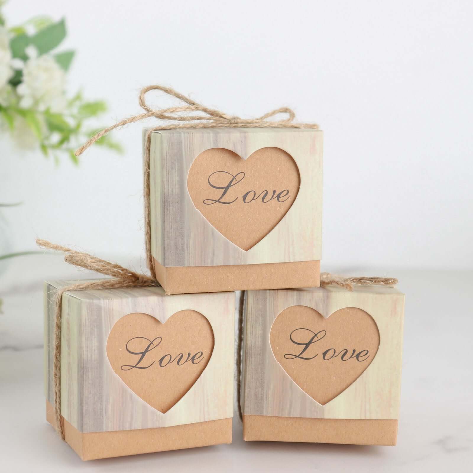 25 Pack 2.5 Rustic Wood Pattern Natural Brown Paper Candy Gift Boxes, Square Party Favor Boxes with Burlap Jute Twine and Love Heart Cut Out