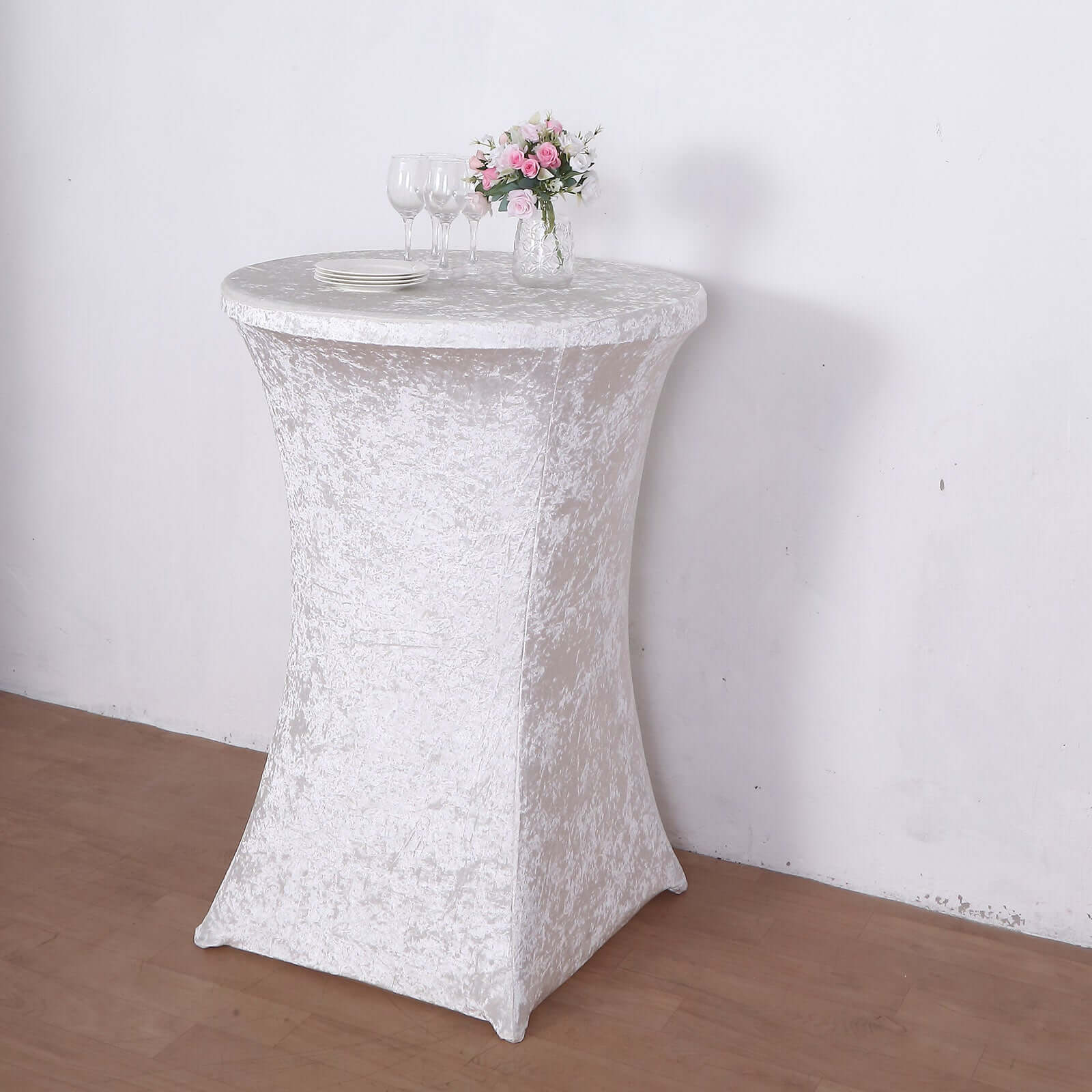 Crushed Velvet Spandex 32 Round Cocktail Table Cover White Highboy Tablecloth - Smooth & Polished Party Decor