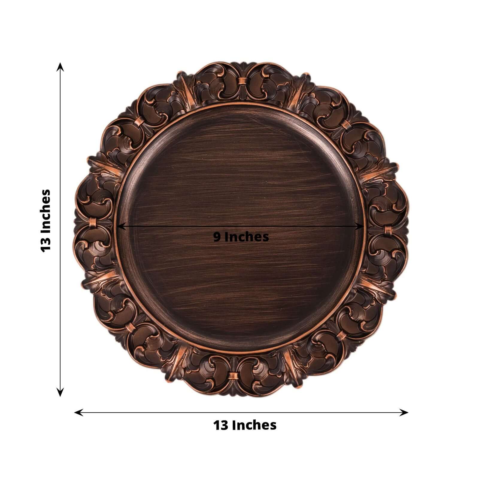 6-Pack Acrylic Round Charger Plates 13 in Dark Brown with Aristocrat Retro Baroque Rim, Ornate Plastic Decorative Chargers