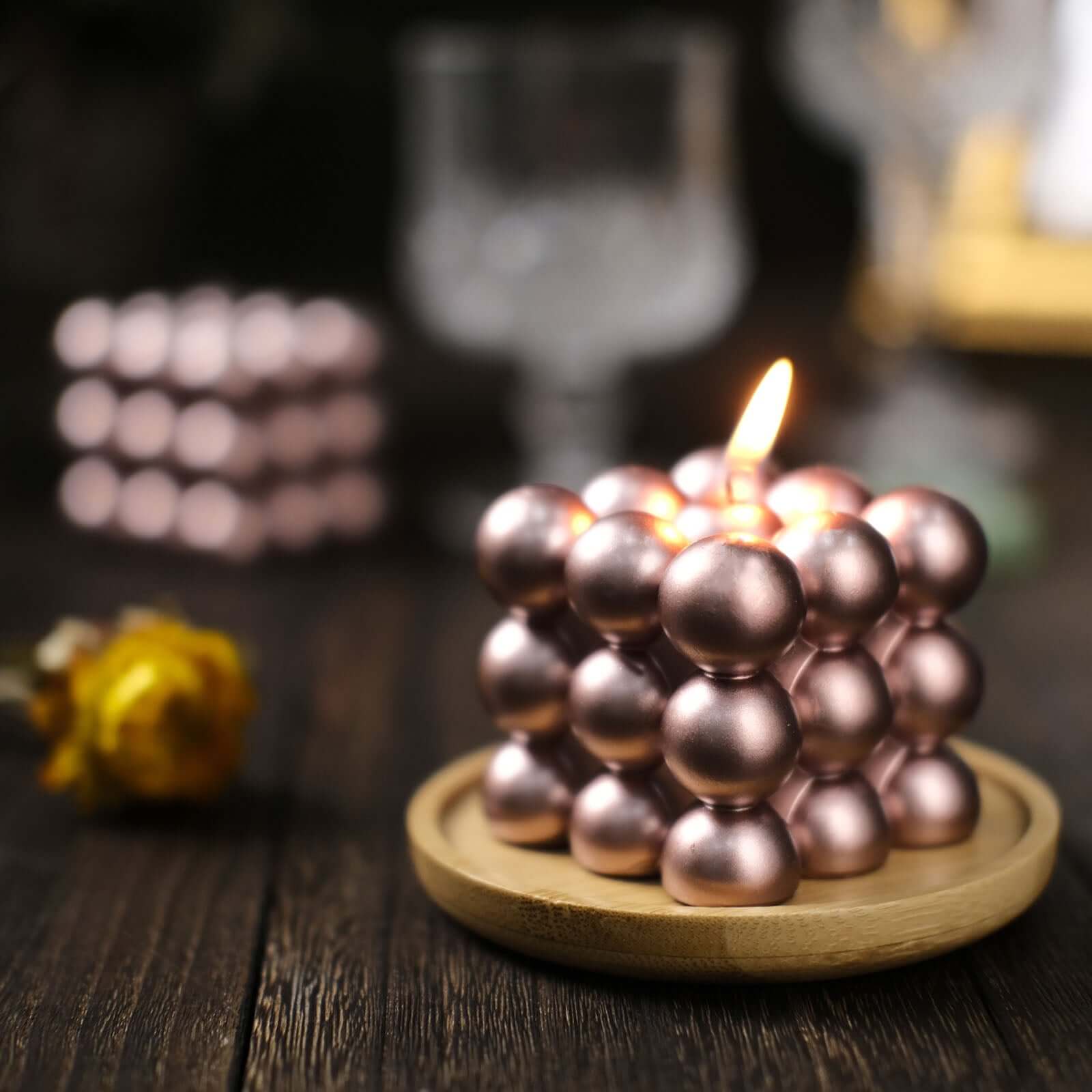 2-Pack Decorative Paraffin Wax Candles Bubble Cube Design Metallic Rose Gold - Unscented Long Burning Pillar Candle Set 2