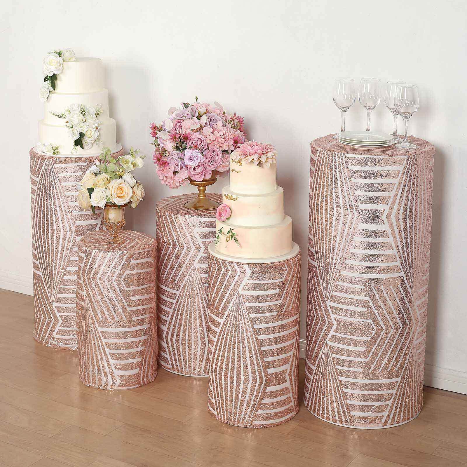 Set of 5 Rose Gold Sequin Mesh Cylinder Pedestal Stand Covers with Geometric Pattern Embroidery, Sparkly Sheer Tulle Pillar Prop Covers