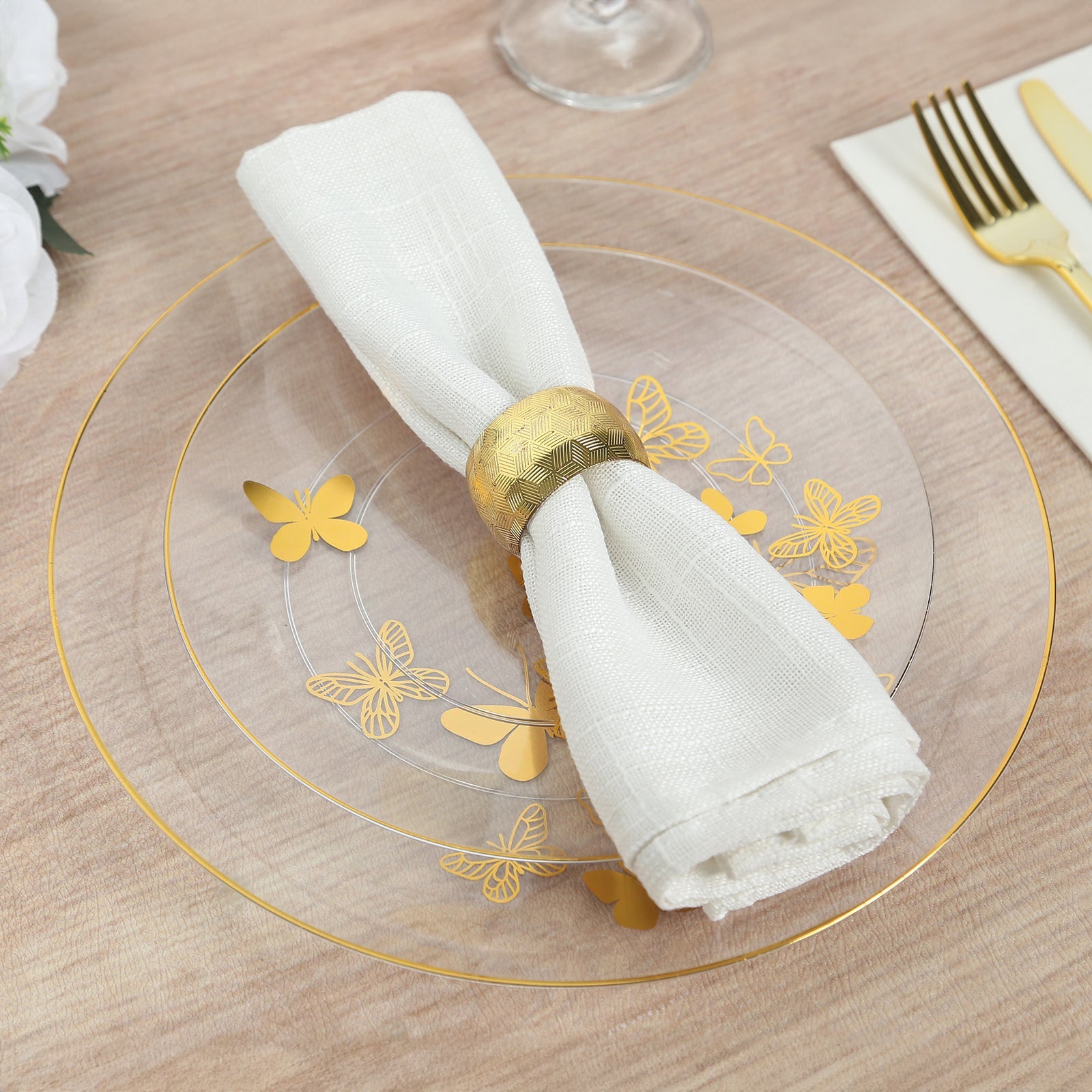 Set of 20 Plastic Round Dinner and Salad Plates in Clear with Gold Butterfly Design & Gold Rim - Stylish Disposable Dinnerware 8, 10