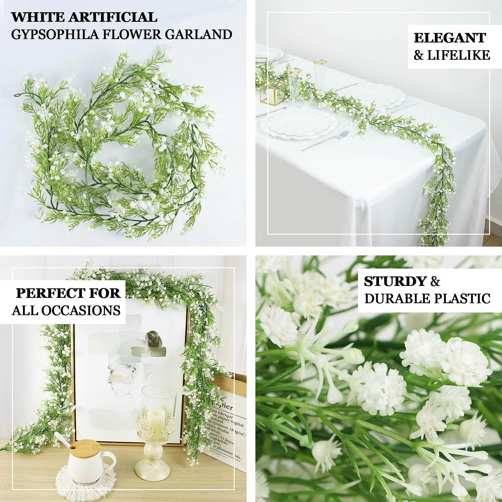 6ft White Real Touch Faux Baby Breath Hanging Flower Vines, Artificial Silk Gypsophila Table Flower Garland