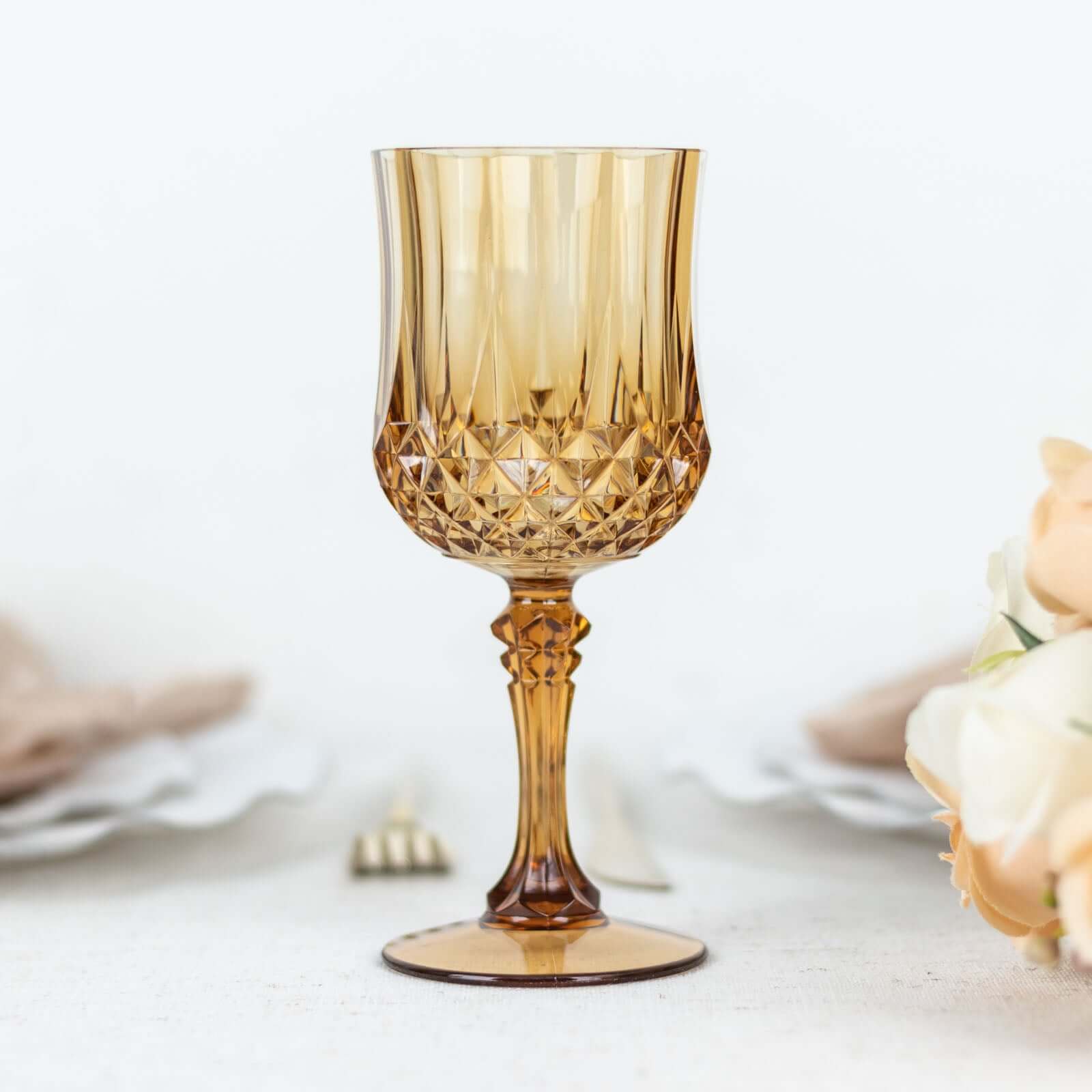 6-Pack Plastic Cocktail Goblets Amber Gold Transparent Crystal Cut - Shatterproof Drinkware 8oz