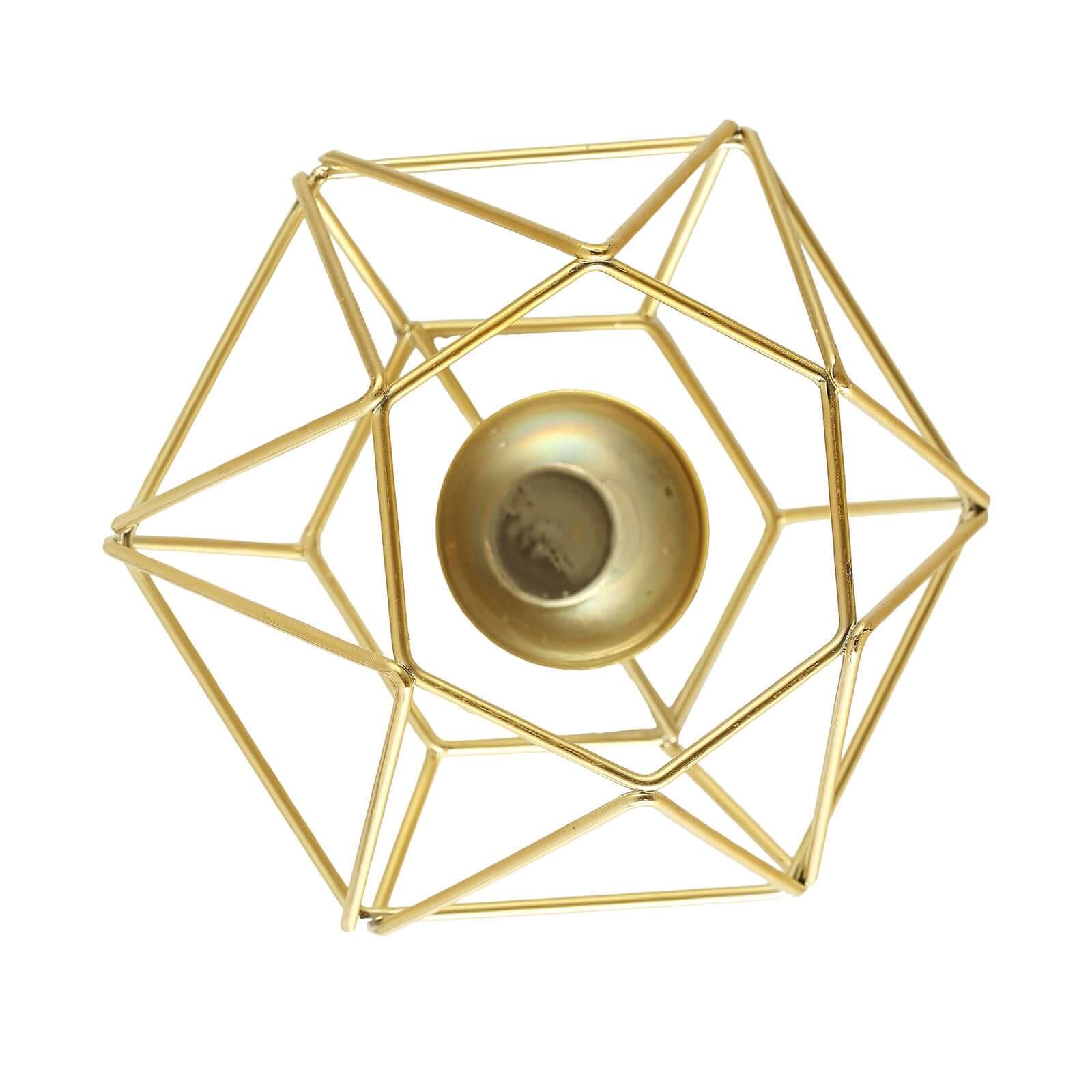 Set of 2 Candle Holders Metal Hexagon Geometric Design Gold - Modern Decorative Centerpieces for Tables 4x3