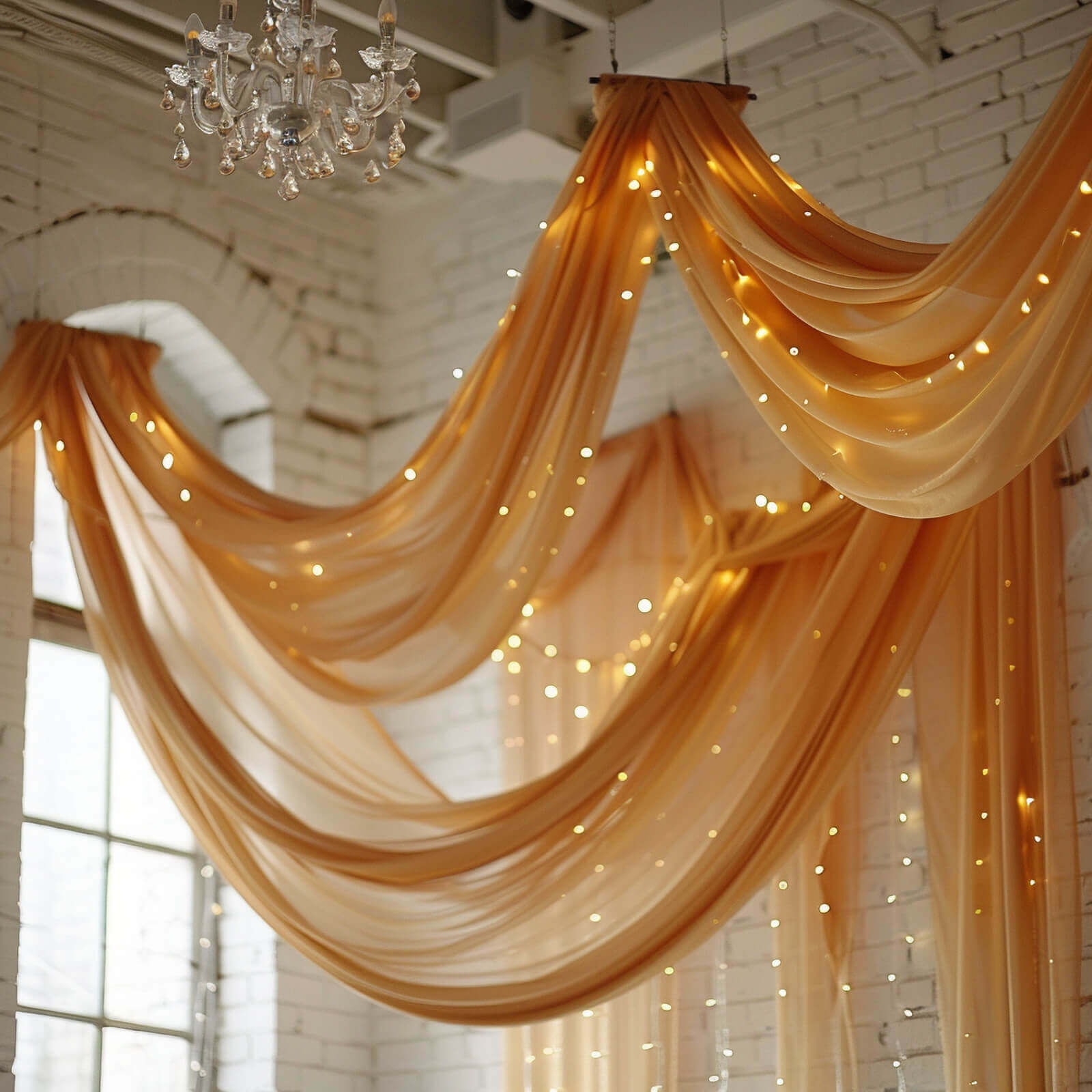 5ftx32ft Premium Gold Chiffon Curtain Panel, Durable Flame Resistant Backdrop Ceiling Drapery With Rod Pocket