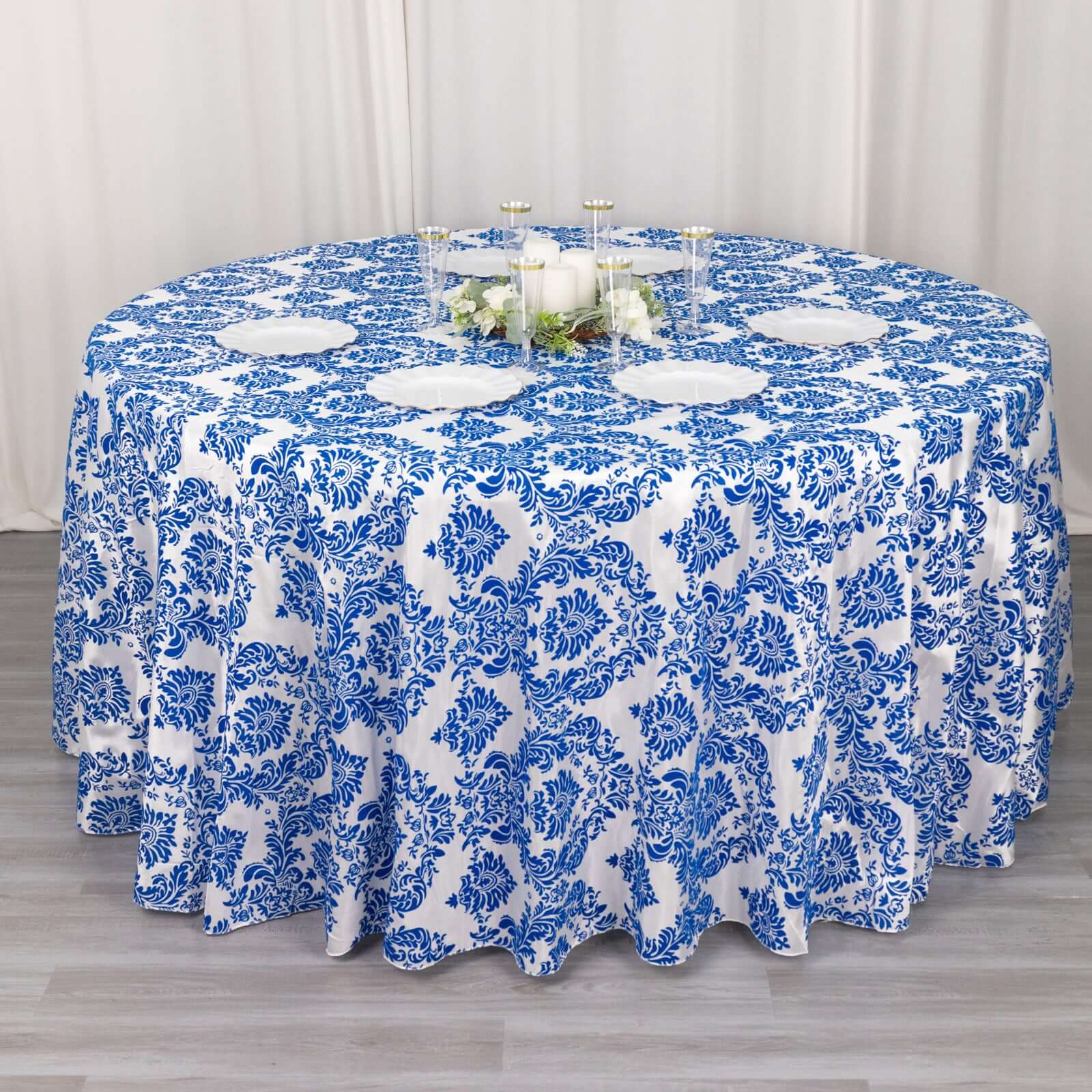 Taffeta 120 Round Tablecloth Royal Blue - Seamless Velvet Flocking Damask Table Cover